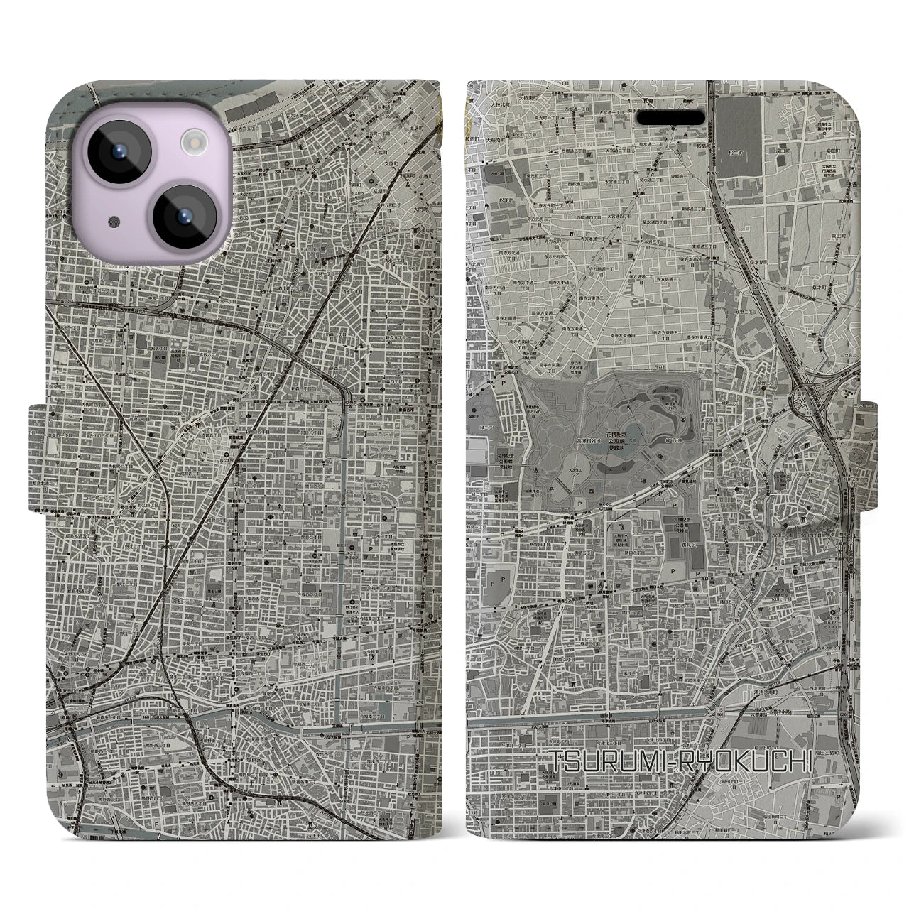 【鶴見緑地(大阪府)】地図柄iPhoneケース(手帳タイプ)モノトーン・iPhone 14 用