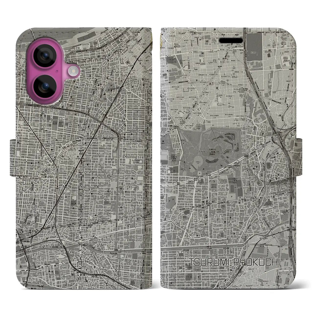 【鶴見緑地(大阪府)】地図柄iPhoneケース(手帳タイプ)モノトーン・iPhone 16 Pro 用