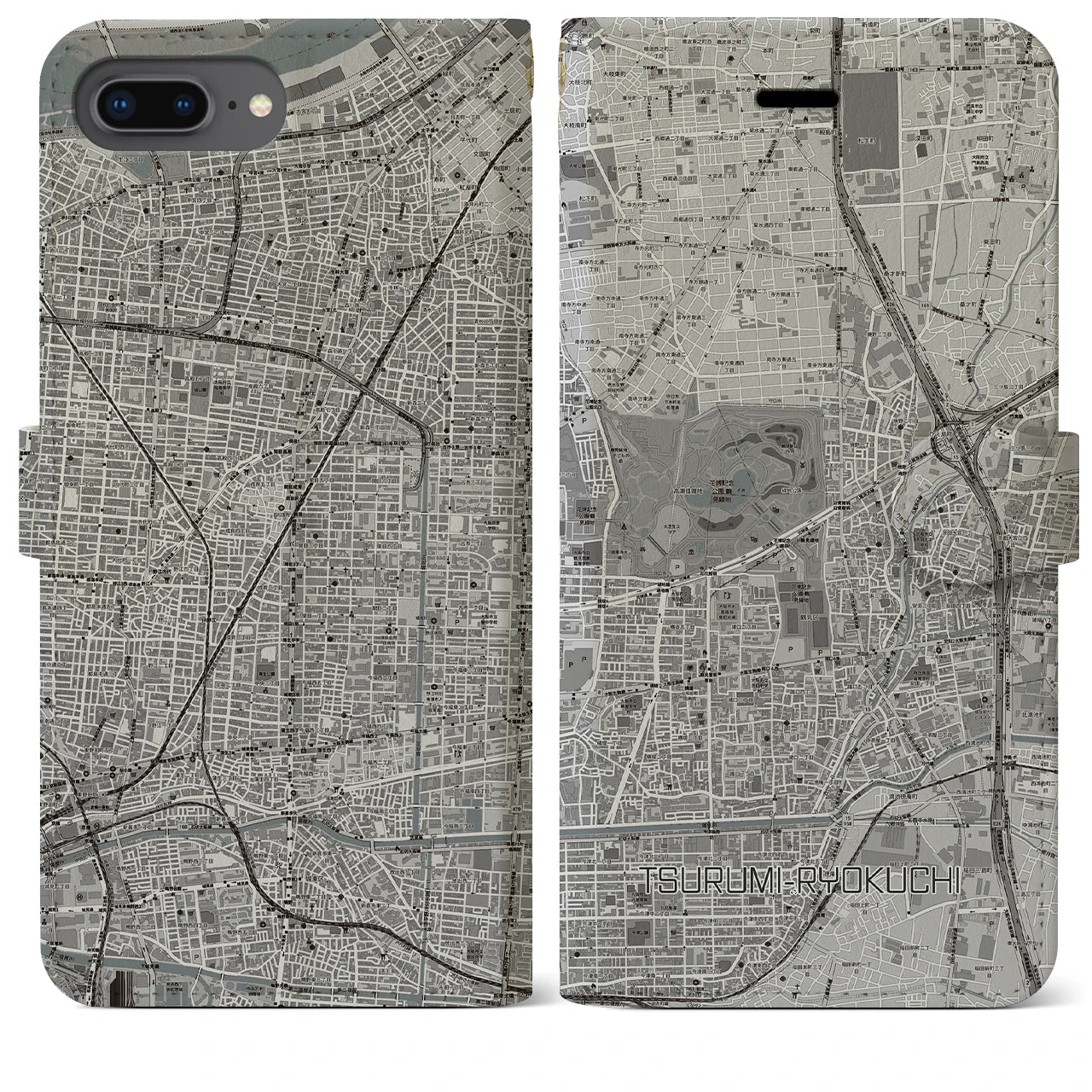 【鶴見緑地(大阪府)】地図柄iPhoneケース(手帳タイプ)モノトーン・iPhone 8Plus /7Plus / 6sPlus / 6Plus 用