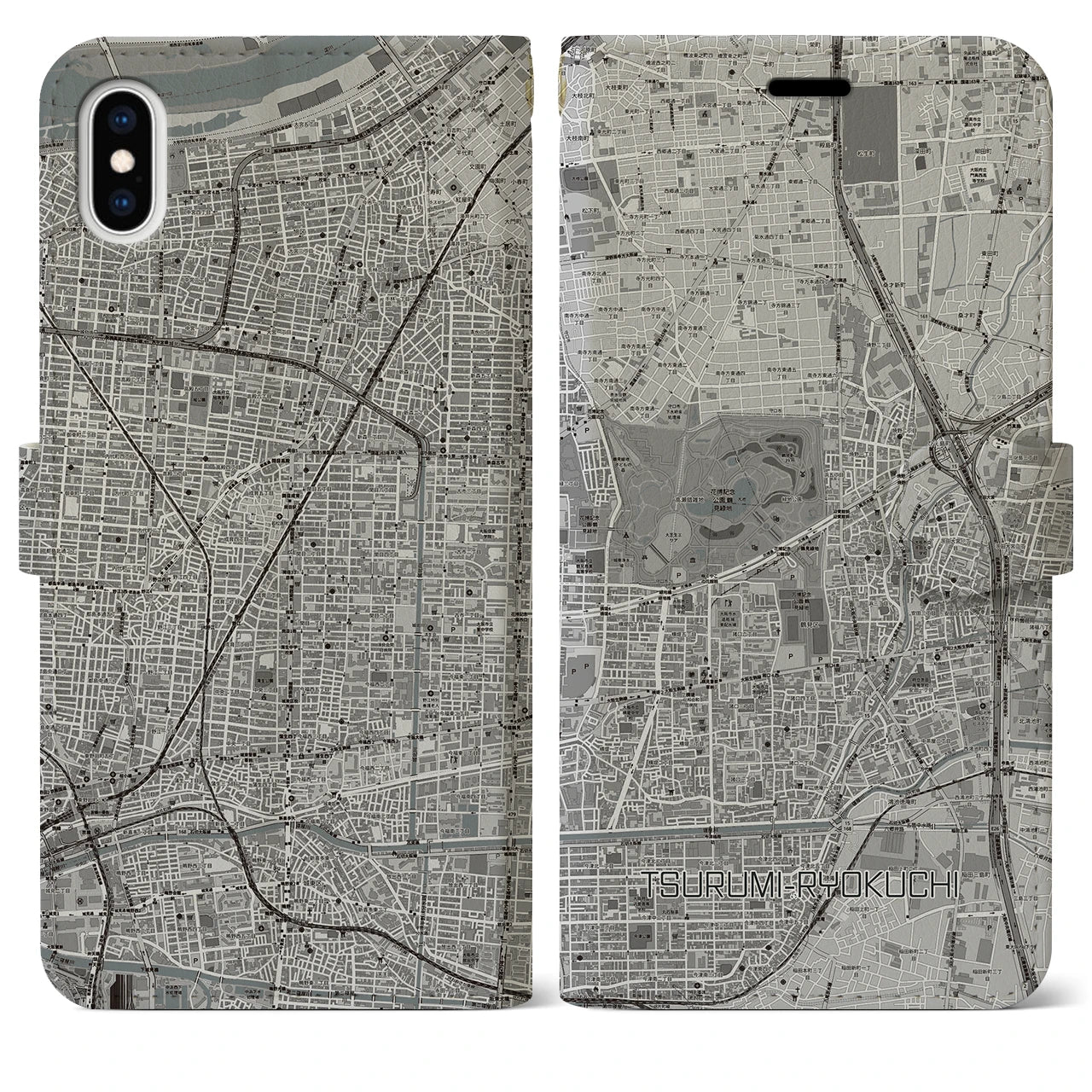 【鶴見緑地(大阪府)】地図柄iPhoneケース(手帳タイプ)モノトーン・iPhone XS Max 用