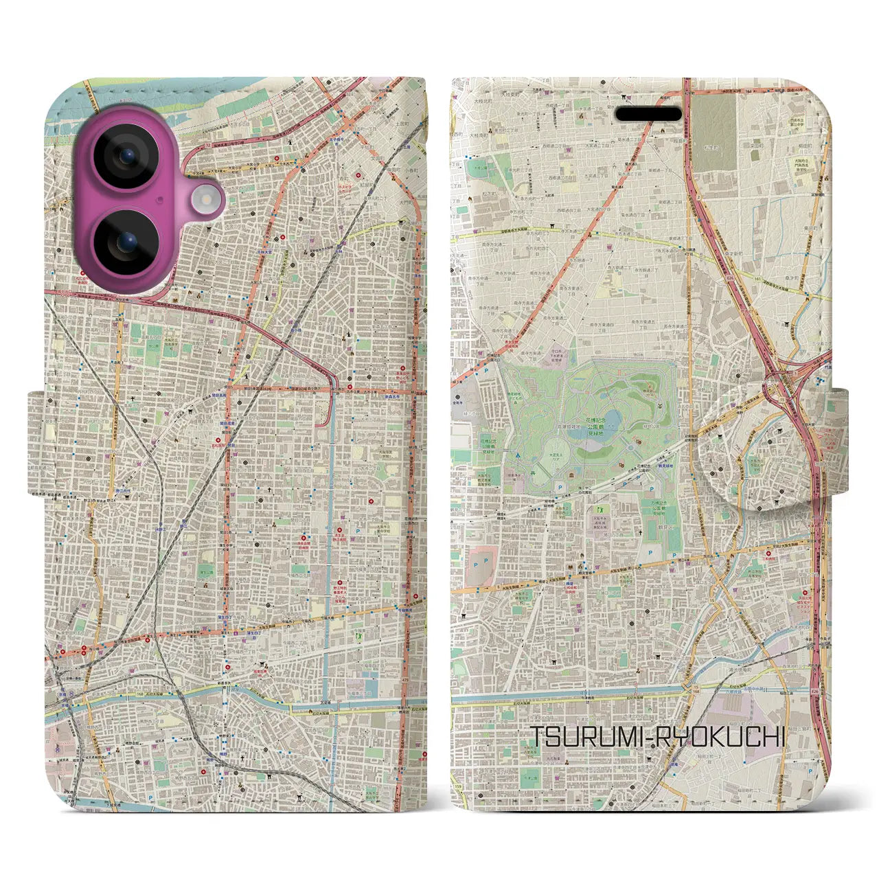 【鶴見緑地(大阪府)】地図柄iPhoneケース(手帳タイプ)ナチュラル・iPhone 16 Pro 用
