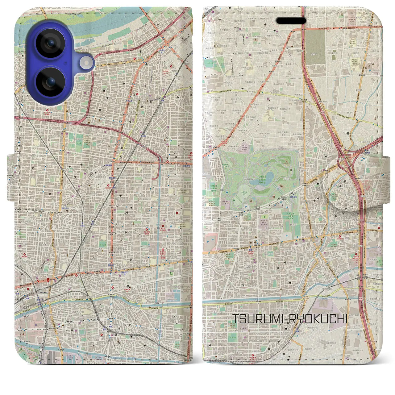 【鶴見緑地(大阪府)】地図柄iPhoneケース(手帳タイプ)ナチュラル・iPhone 16 Pro Max 用