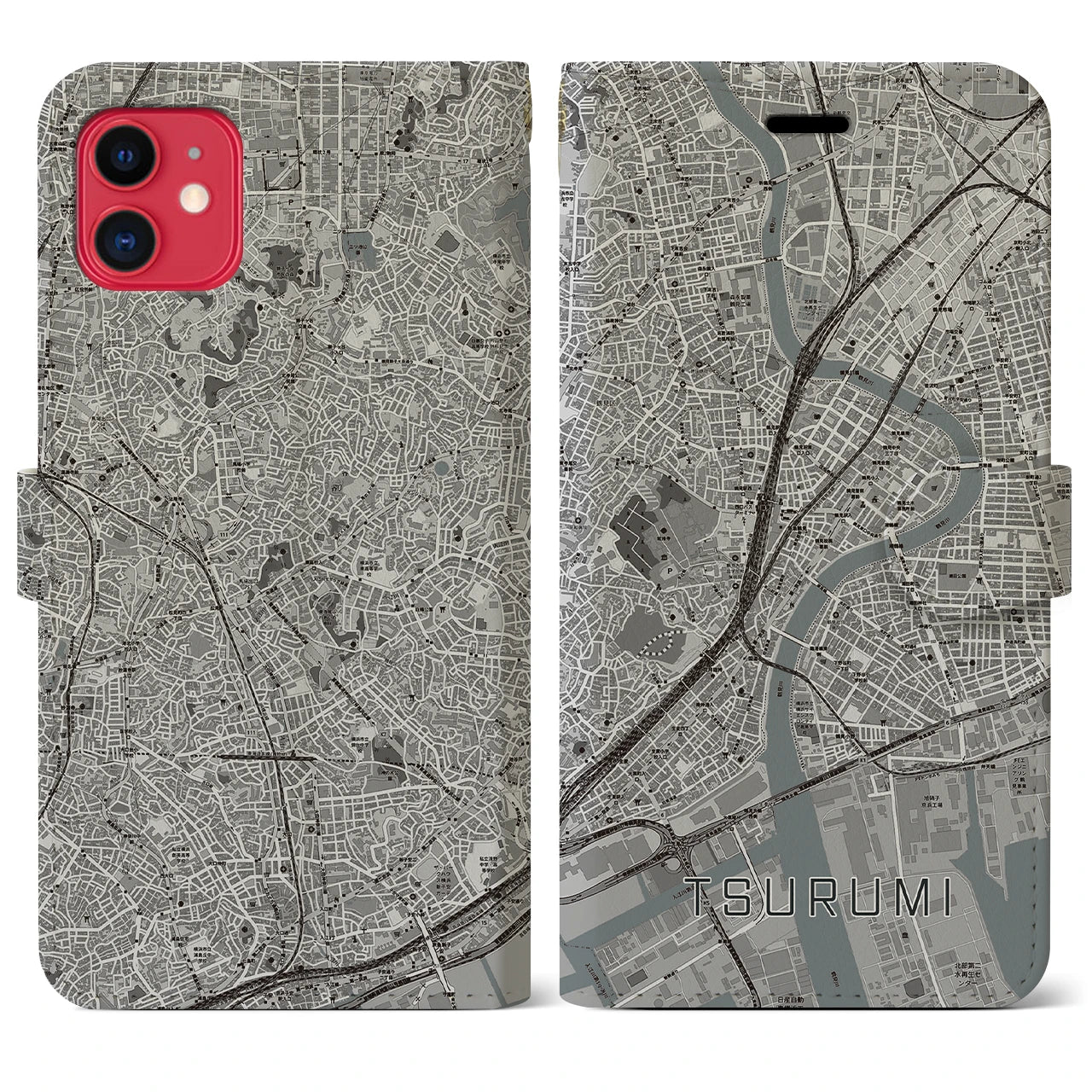 【鶴見(神奈川県)】地図柄iPhoneケース(手帳タイプ)モノトーン・iPhone 11 用