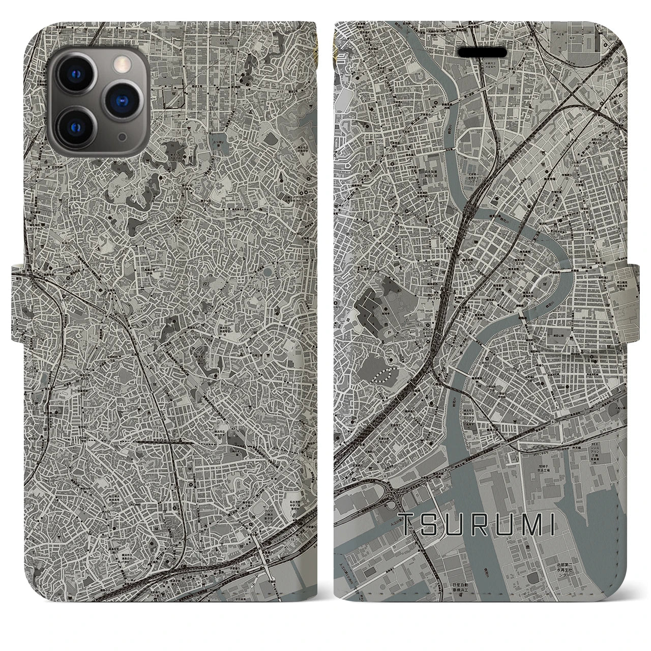 【鶴見(神奈川県)】地図柄iPhoneケース(手帳タイプ)モノトーン・iPhone 11 Pro Max 用