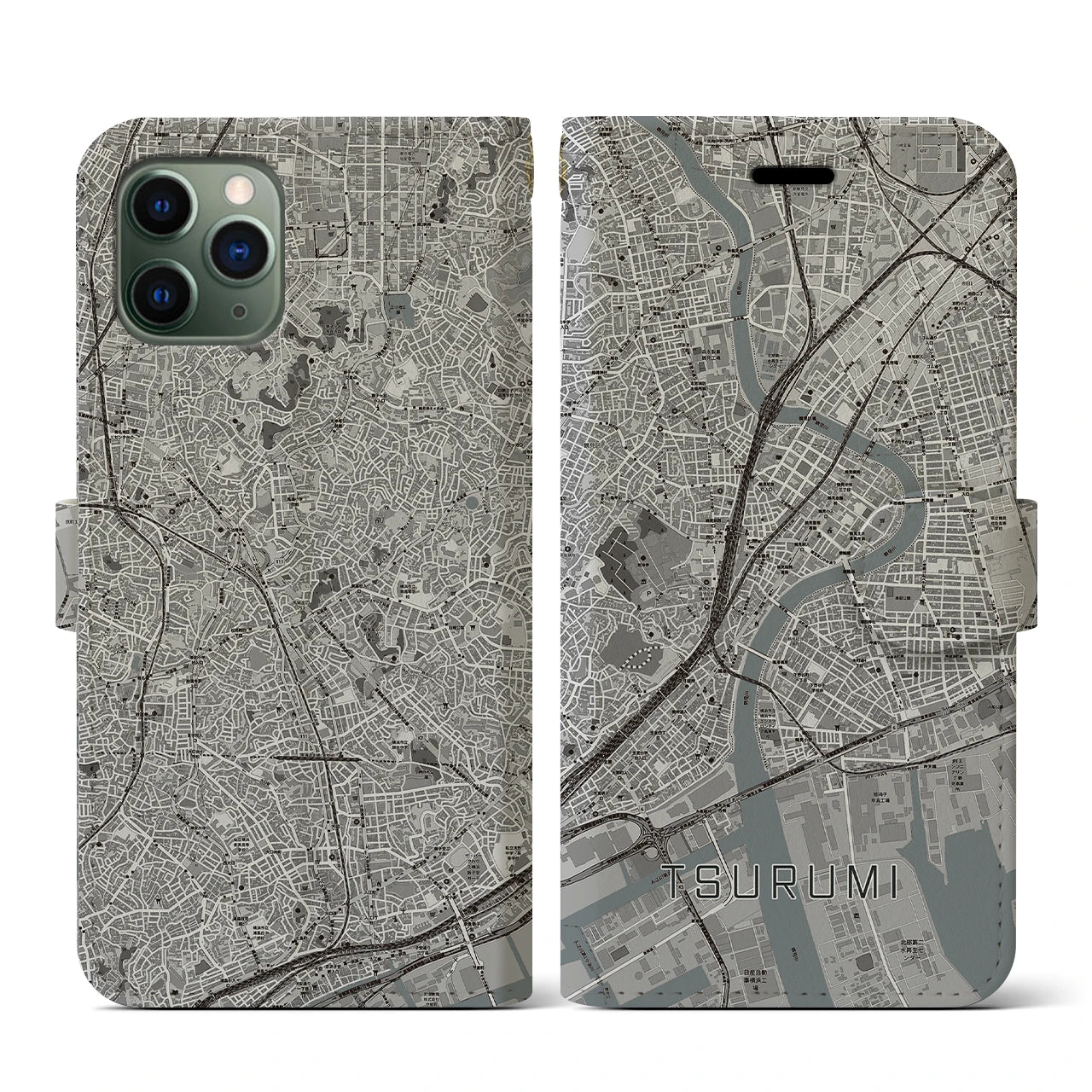 【鶴見(神奈川県)】地図柄iPhoneケース(手帳タイプ)モノトーン・iPhone 11 Pro 用