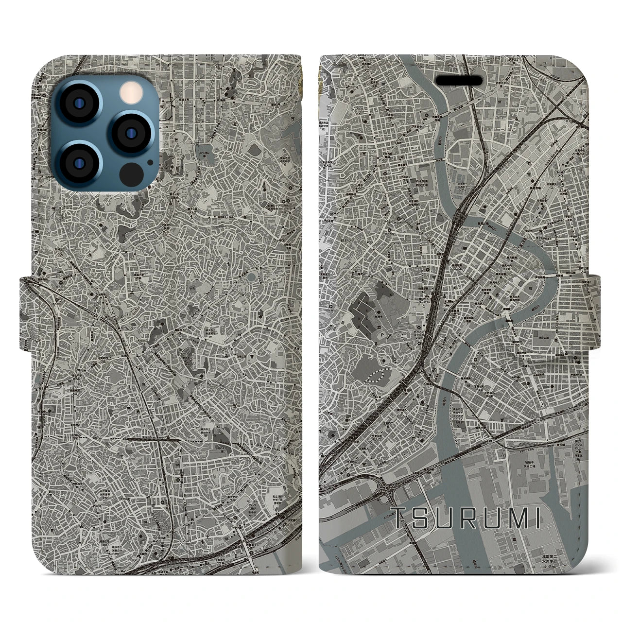 【鶴見(神奈川県)】地図柄iPhoneケース(手帳タイプ)モノトーン・iPhone 12 / 12 Pro 用