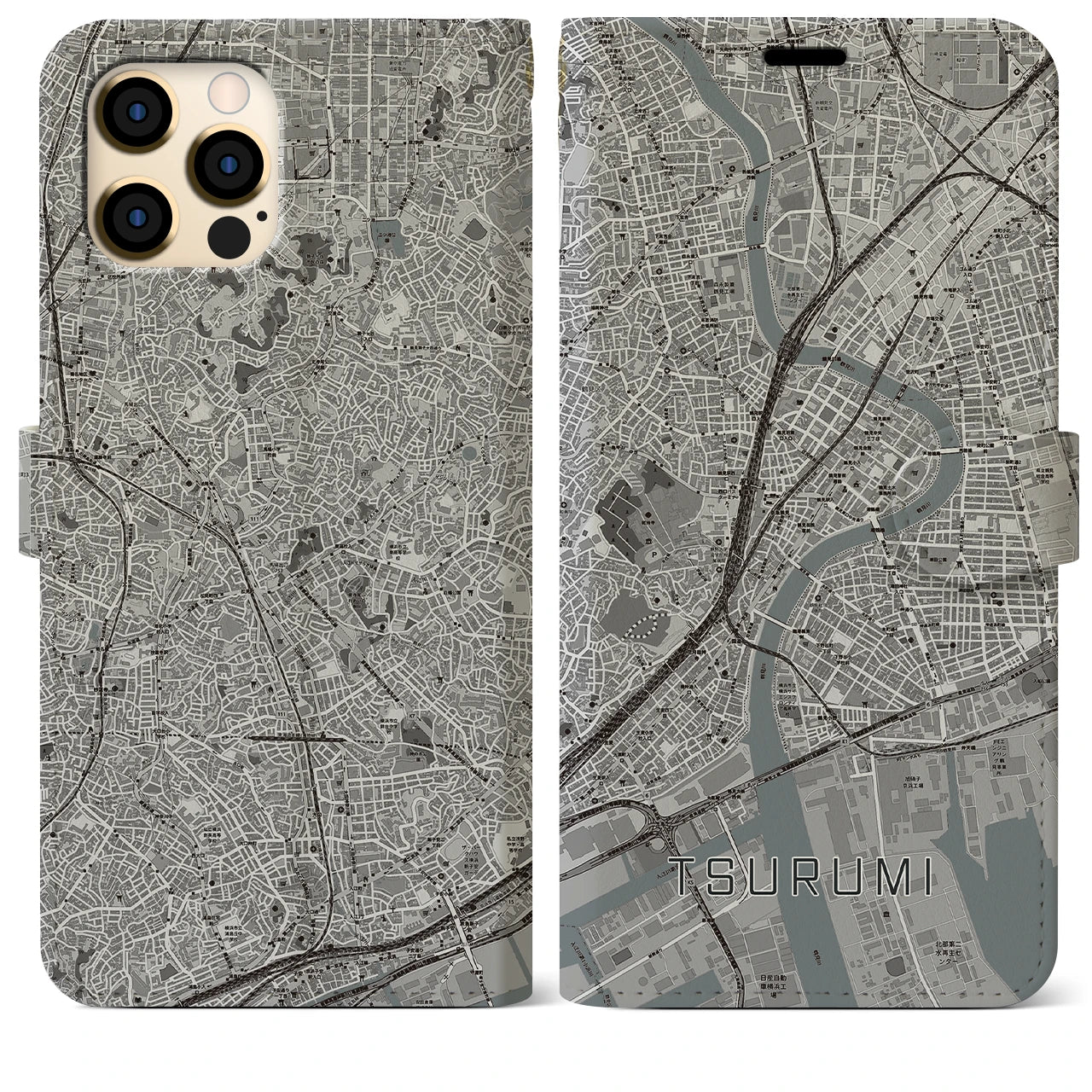 【鶴見(神奈川県)】地図柄iPhoneケース(手帳タイプ)モノトーン・iPhone 12 Pro Max 用