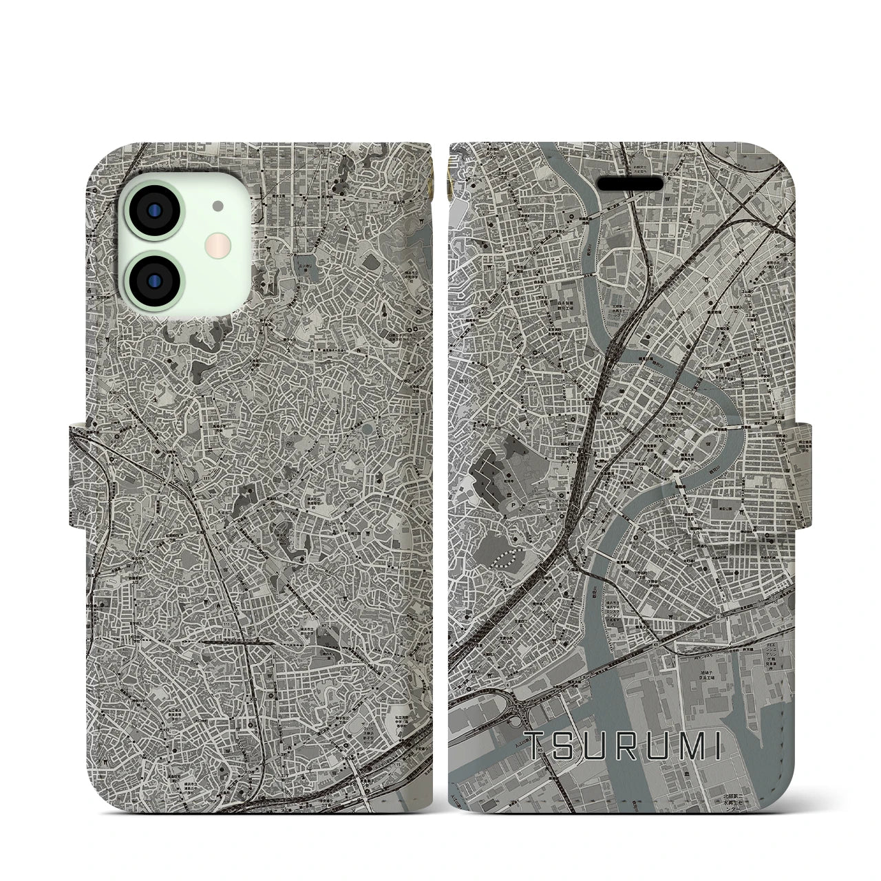 【鶴見(神奈川県)】地図柄iPhoneケース(手帳タイプ)モノトーン・iPhone 12 mini 用