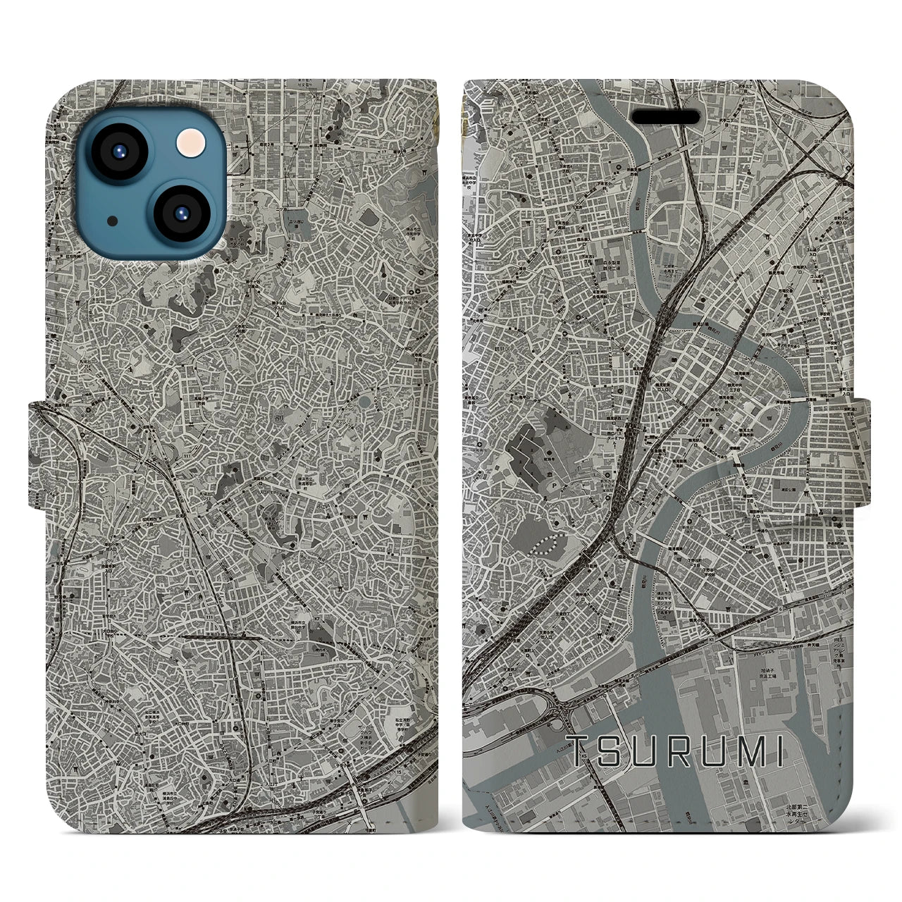 【鶴見(神奈川県)】地図柄iPhoneケース(手帳タイプ)モノトーン・iPhone 13 用