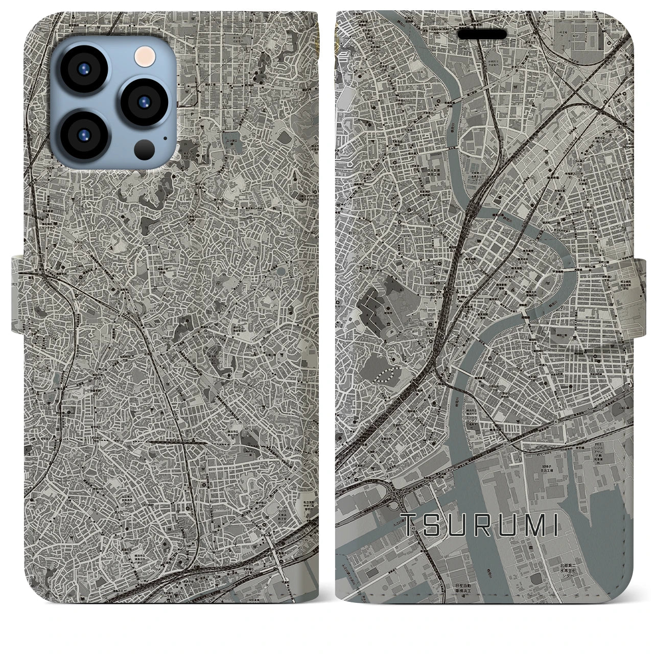 【鶴見(神奈川県)】地図柄iPhoneケース(手帳タイプ)モノトーン・iPhone 13 Pro Max 用