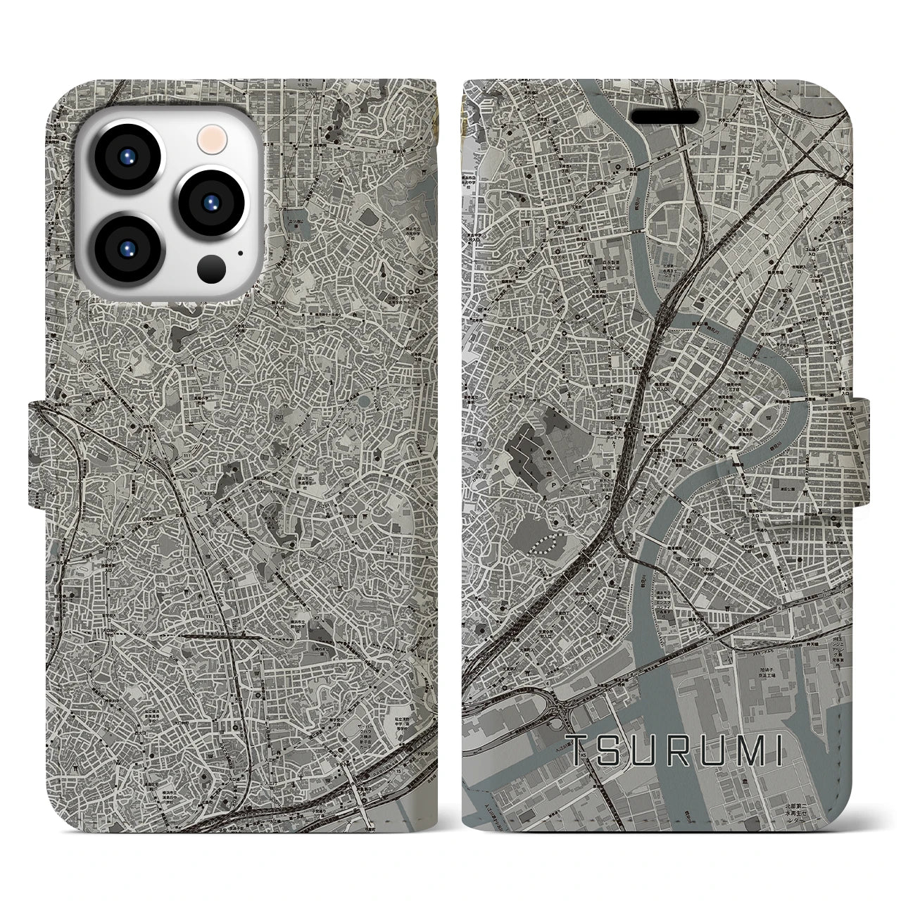 【鶴見(神奈川県)】地図柄iPhoneケース(手帳タイプ)モノトーン・iPhone 13 Pro 用