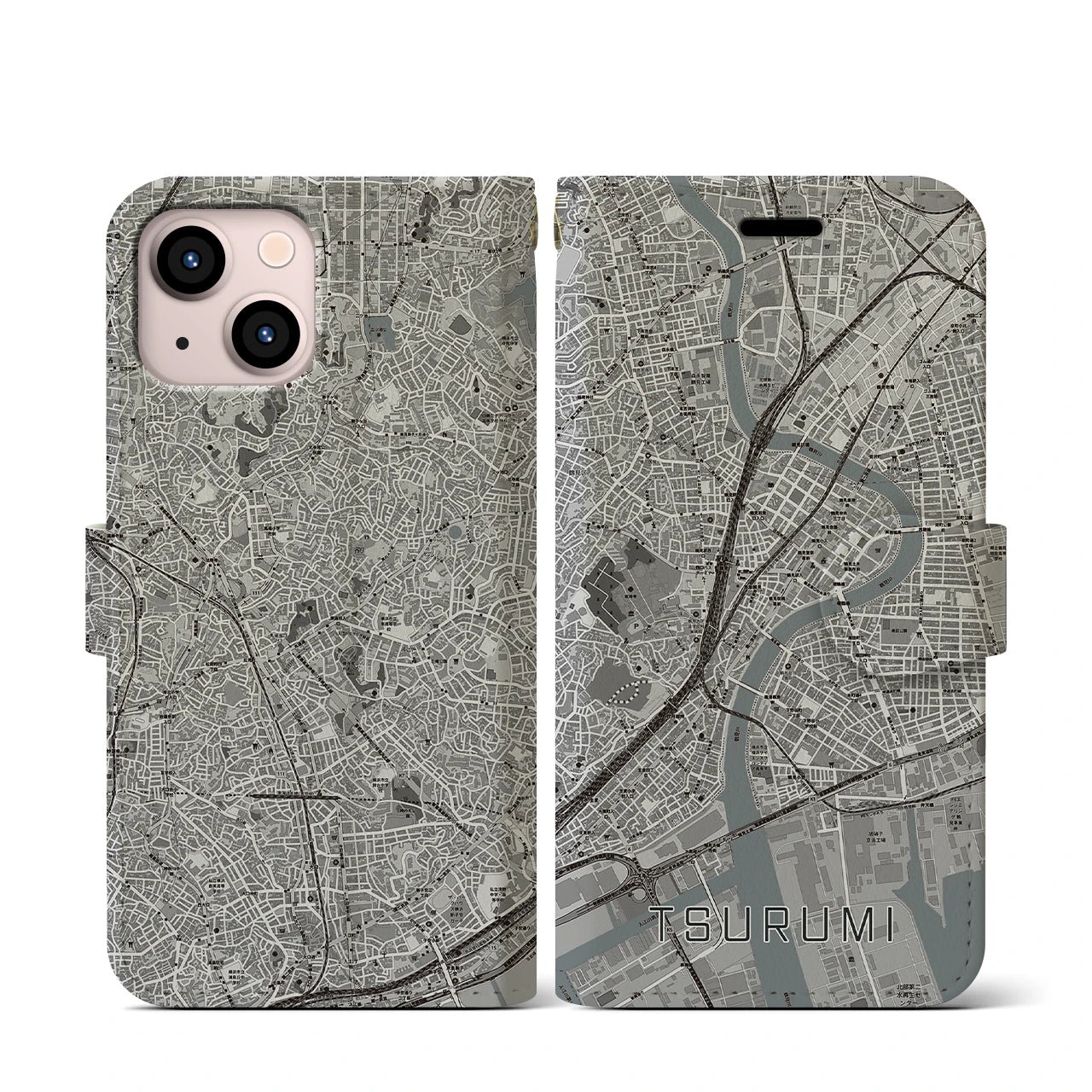【鶴見(神奈川県)】地図柄iPhoneケース(手帳タイプ)モノトーン・iPhone 13 mini 用