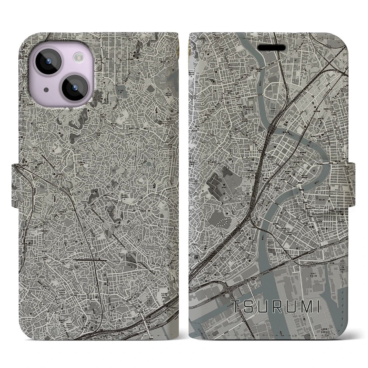 【鶴見(神奈川県)】地図柄iPhoneケース(手帳タイプ)モノトーン・iPhone 14 用