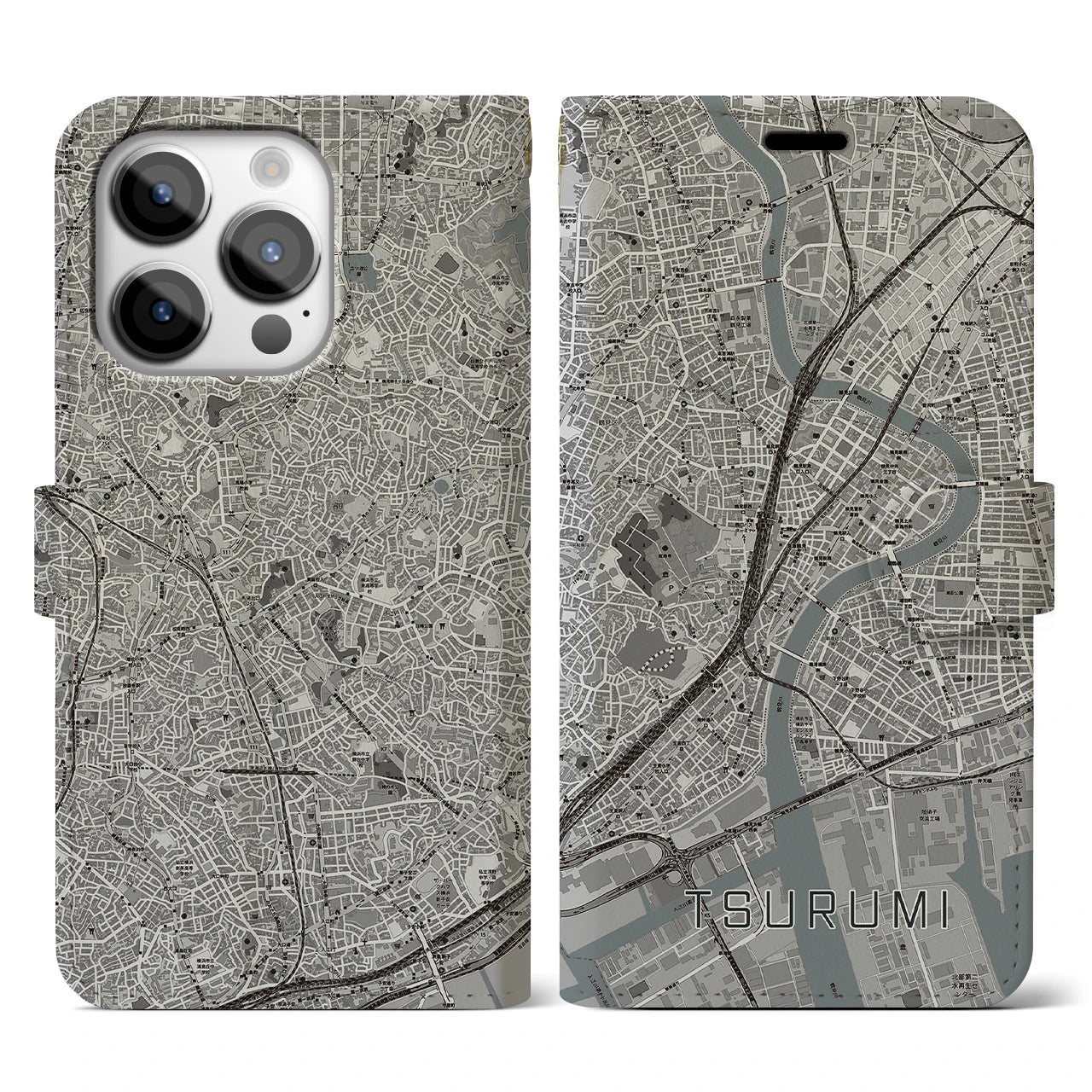 【鶴見(神奈川県)】地図柄iPhoneケース(手帳タイプ)モノトーン・iPhone 14 Pro 用