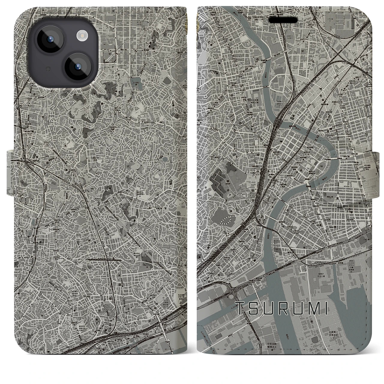 【鶴見(神奈川県)】地図柄iPhoneケース(手帳タイプ)モノトーン・iPhone 14 Plus 用
