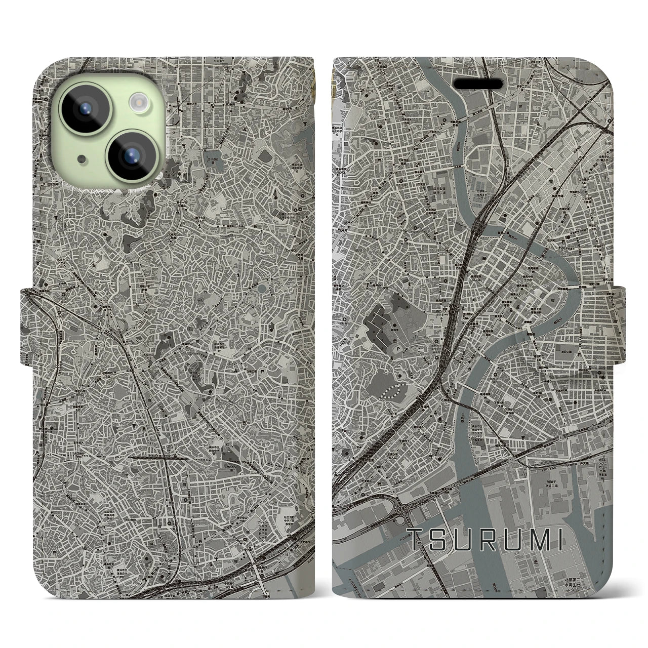 【鶴見(神奈川県)】地図柄iPhoneケース(手帳タイプ)モノトーン・iPhone 15 用