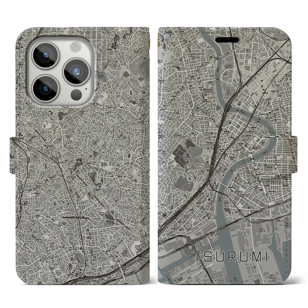 【鶴見(神奈川県)】地図柄iPhoneケース(手帳タイプ)モノトーン・iPhone 15 Pro 用