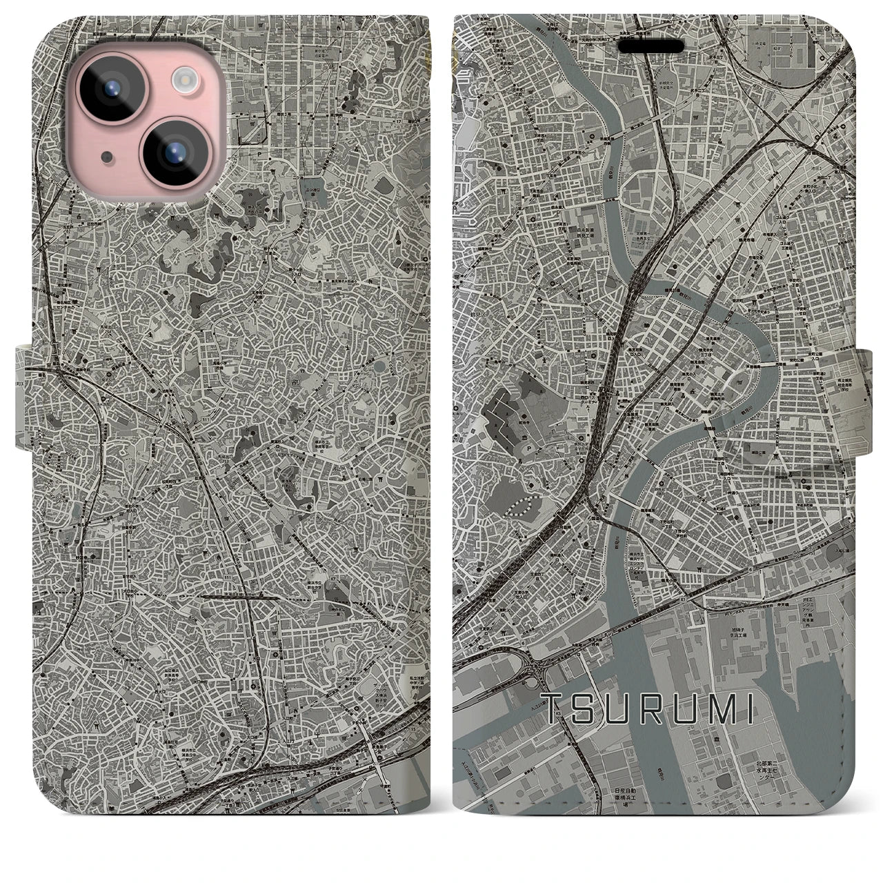 【鶴見(神奈川県)】地図柄iPhoneケース(手帳タイプ)モノトーン・iPhone 15 Plus 用