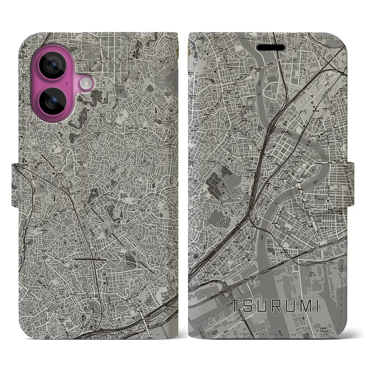 【鶴見(神奈川県)】地図柄iPhoneケース(手帳タイプ)モノトーン・iPhone 16 Pro 用