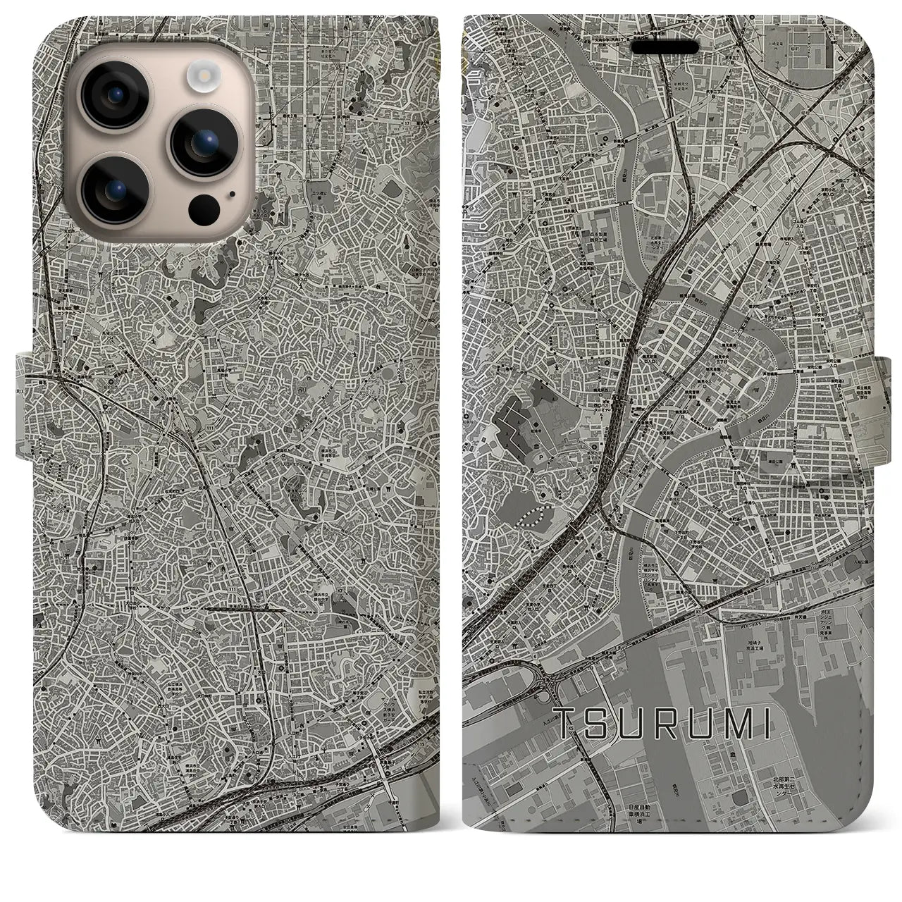 【鶴見(神奈川県)】地図柄iPhoneケース(手帳タイプ)モノトーン・iPhone 16 Plus 用