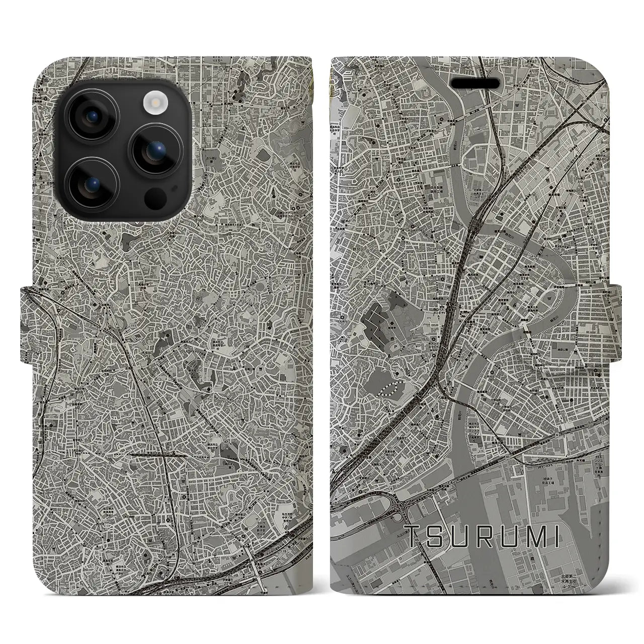 【鶴見(神奈川県)】地図柄iPhoneケース(手帳タイプ)モノトーン・iPhone 16 用
