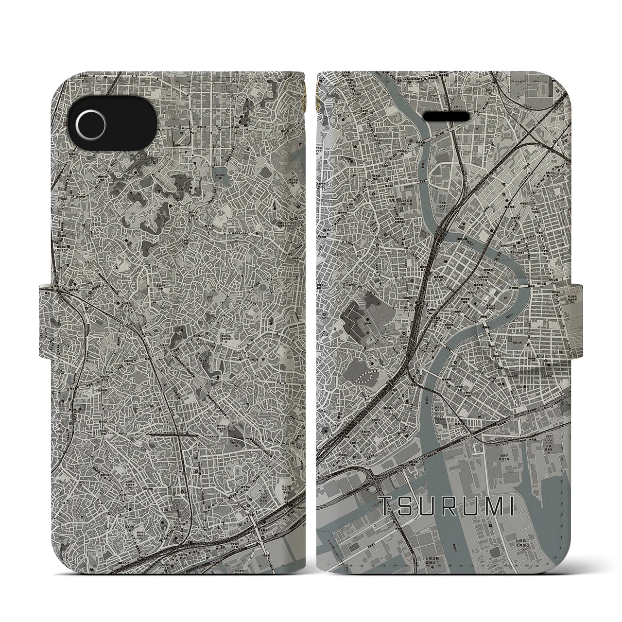 【鶴見(神奈川県)】地図柄iPhoneケース(手帳タイプ)モノトーン・iPhone SE(第3 / 第2世代) / 8 / 7 / 6s / 6 用