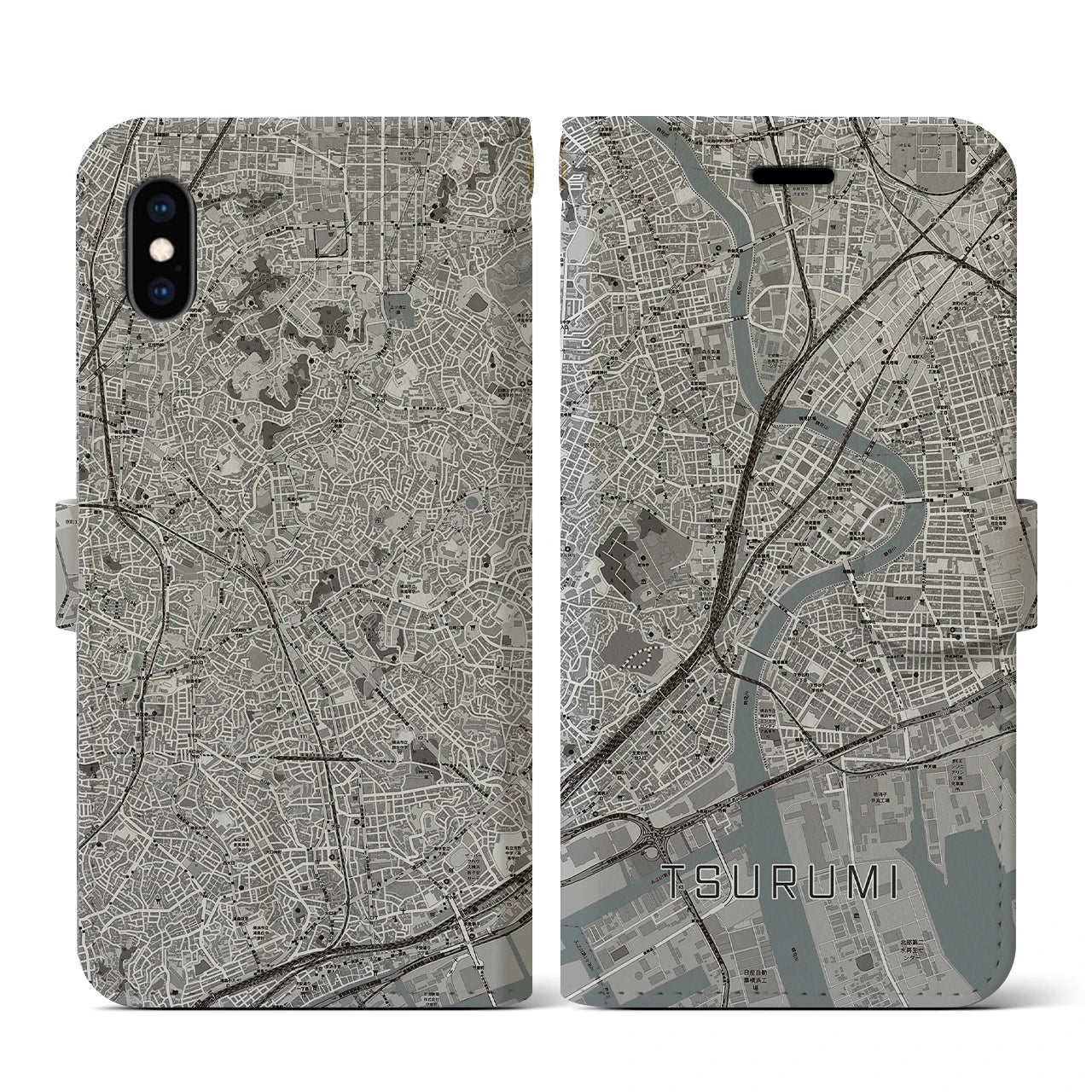 【鶴見(神奈川県)】地図柄iPhoneケース(手帳タイプ)モノトーン・iPhone XS / X 用