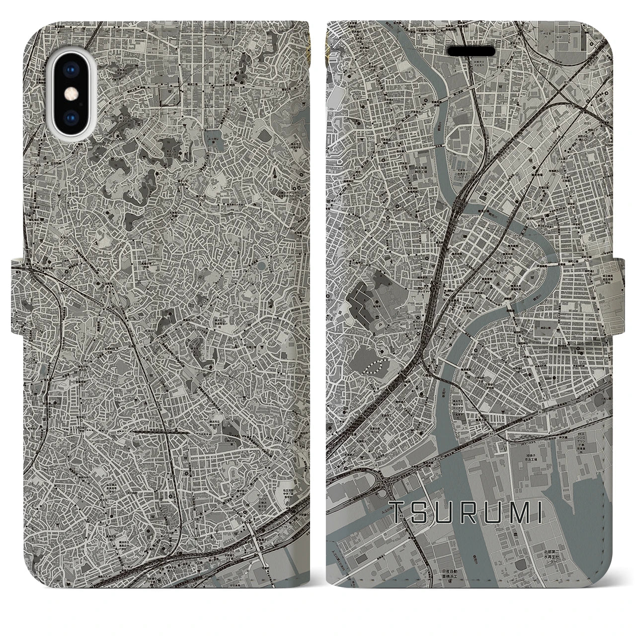【鶴見(神奈川県)】地図柄iPhoneケース(手帳タイプ)モノトーン・iPhone XS Max 用