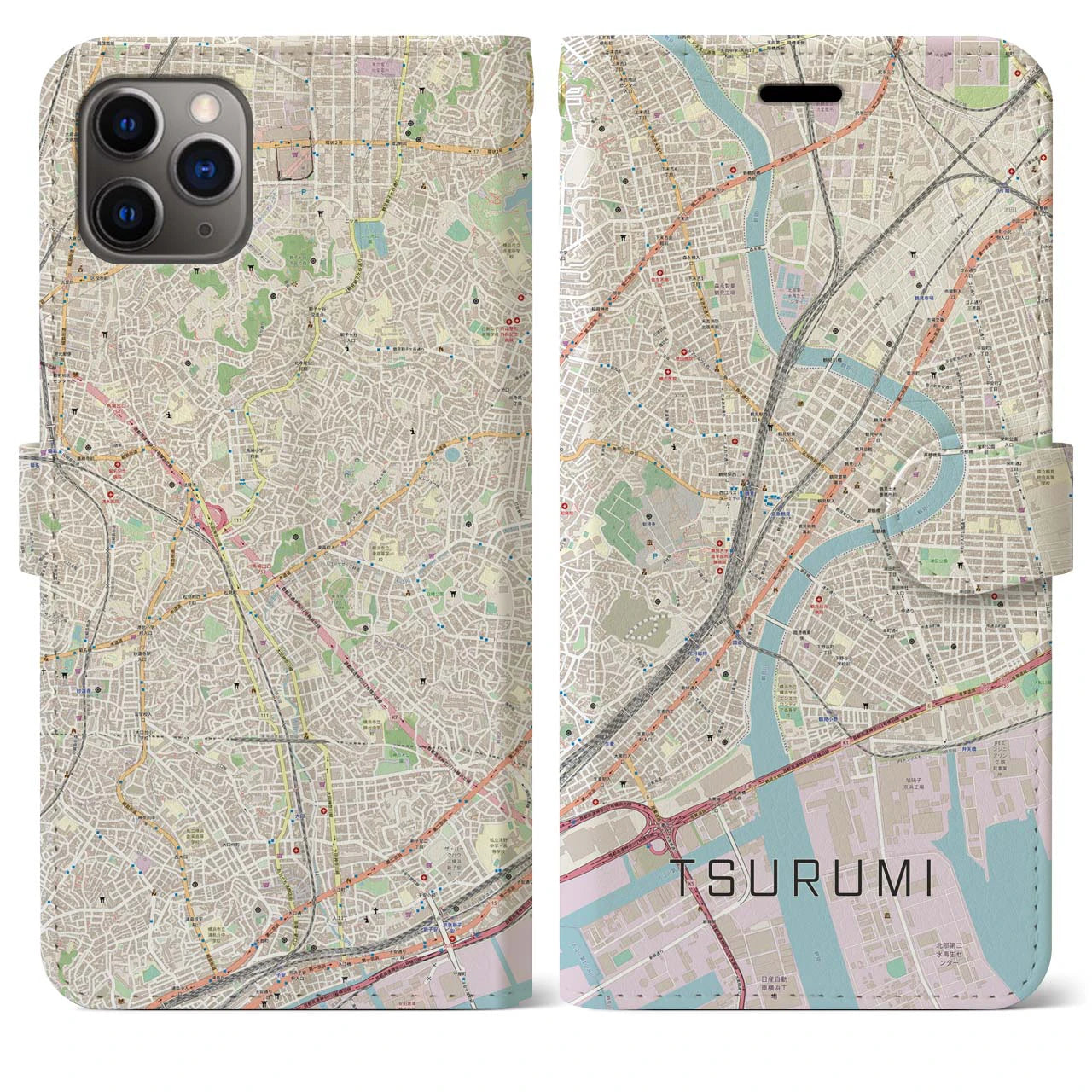 【鶴見(神奈川県)】地図柄iPhoneケース(手帳タイプ)ナチュラル・iPhone 11 Pro Max 用