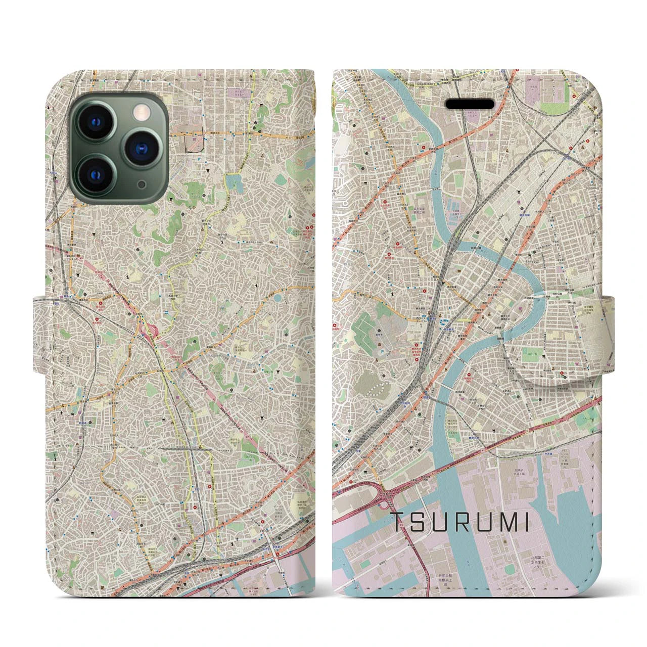 【鶴見(神奈川県)】地図柄iPhoneケース(手帳タイプ)ナチュラル・iPhone 11 Pro 用