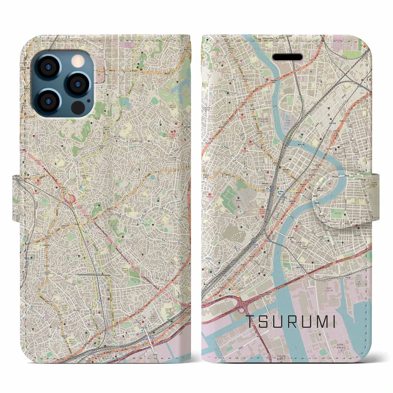 【鶴見(神奈川県)】地図柄iPhoneケース(手帳タイプ)ナチュラル・iPhone 12 / 12 Pro 用