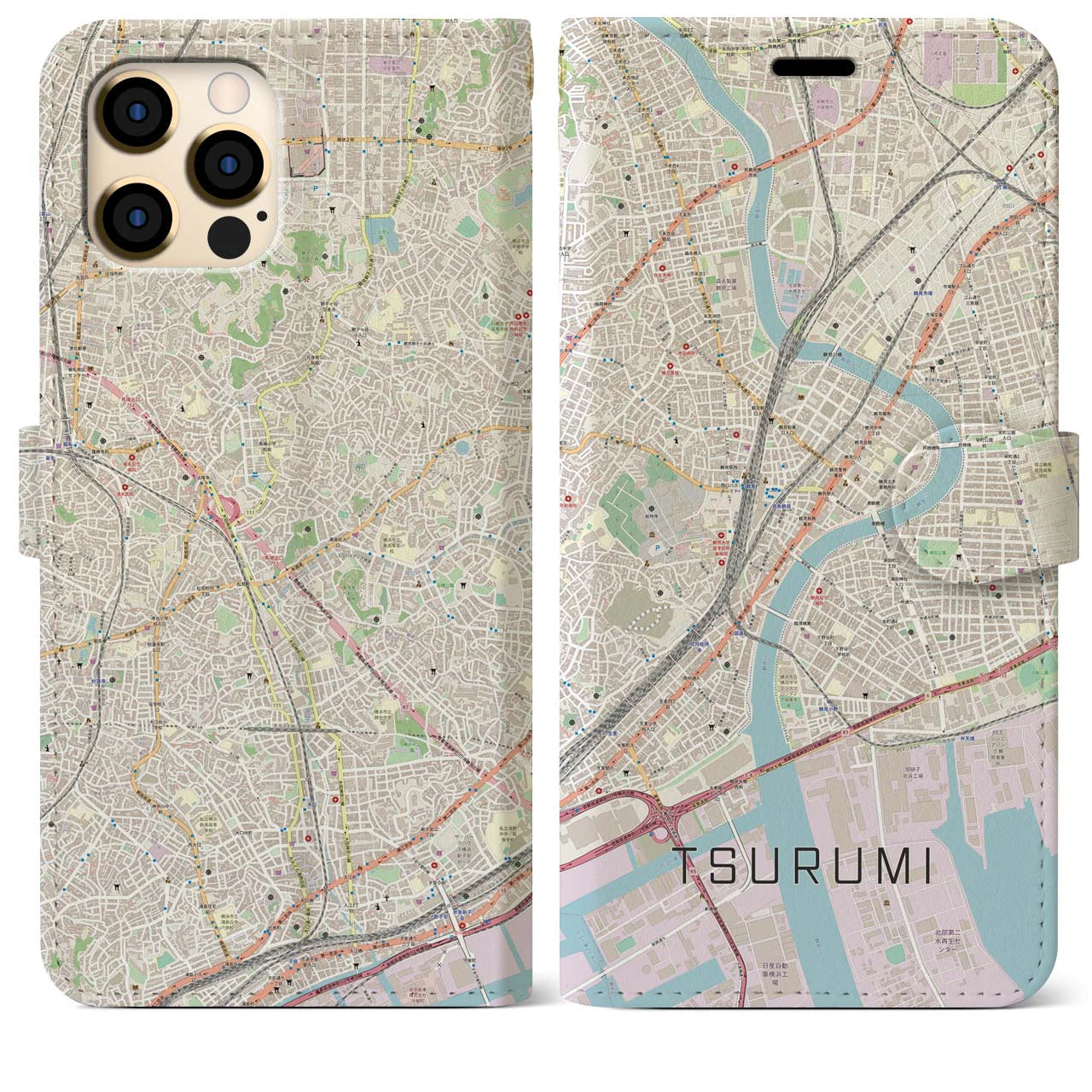 【鶴見(神奈川県)】地図柄iPhoneケース(手帳タイプ)ナチュラル・iPhone 12 Pro Max 用