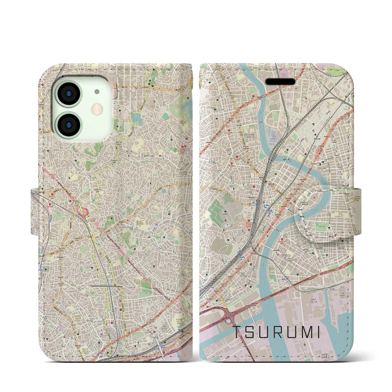 【鶴見(神奈川県)】地図柄iPhoneケース(手帳タイプ)ナチュラル・iPhone 12 mini 用