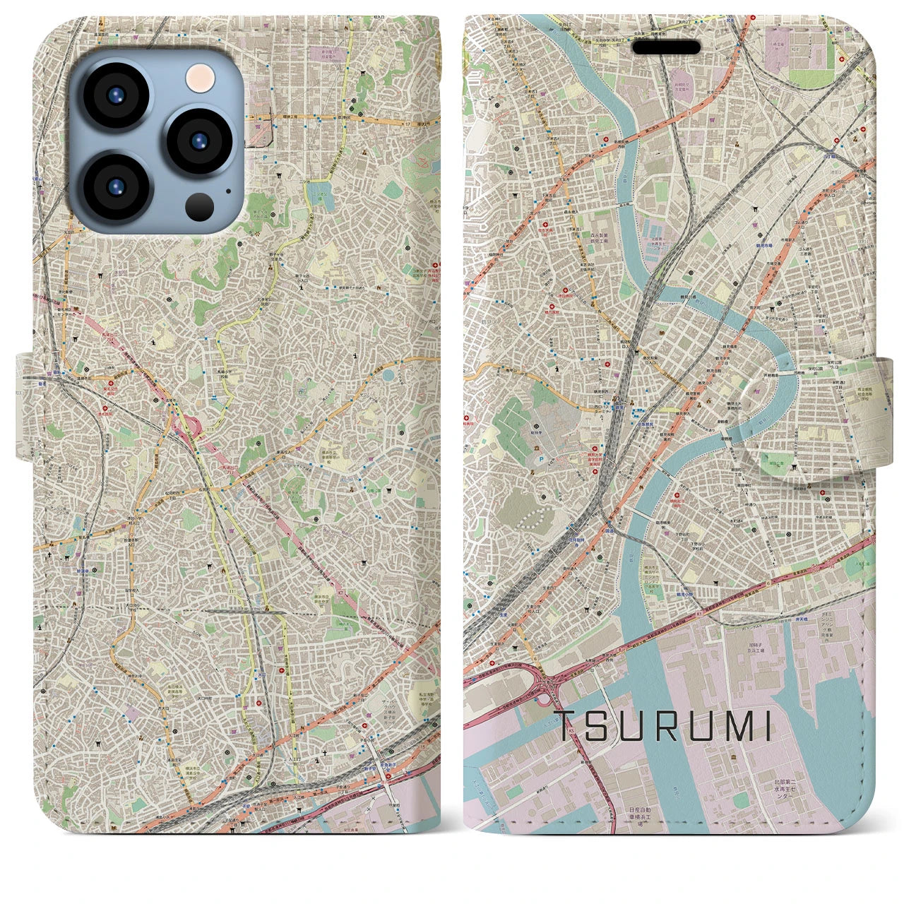 【鶴見(神奈川県)】地図柄iPhoneケース(手帳タイプ)ナチュラル・iPhone 13 Pro Max 用