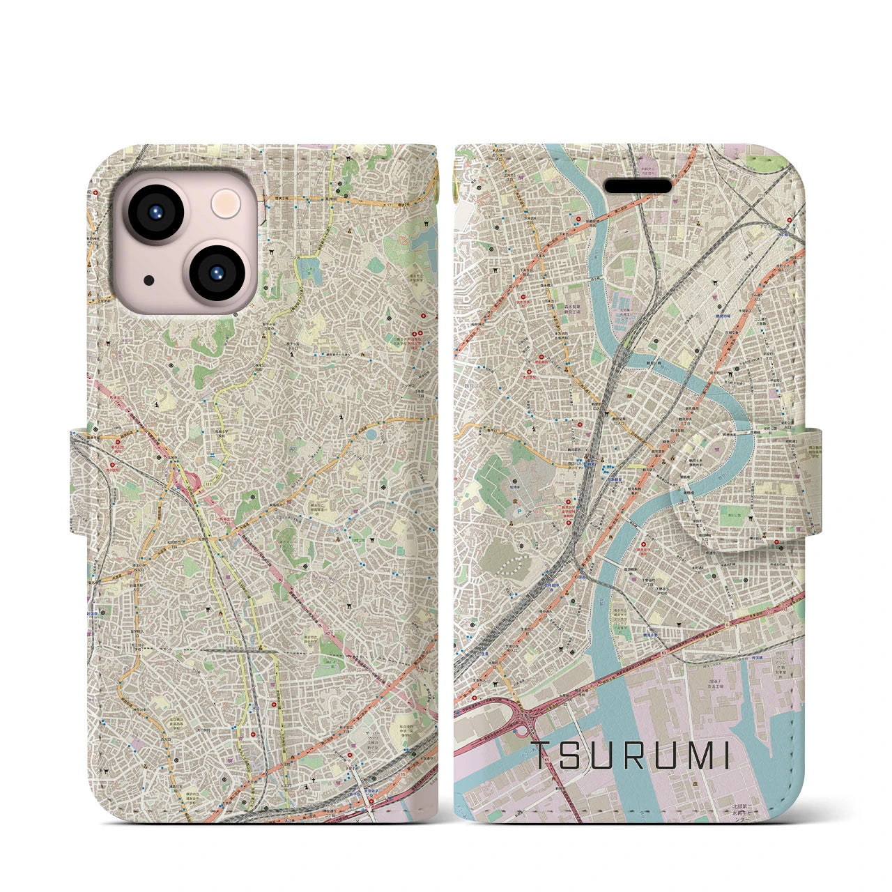 【鶴見(神奈川県)】地図柄iPhoneケース(手帳タイプ)ナチュラル・iPhone 13 mini 用
