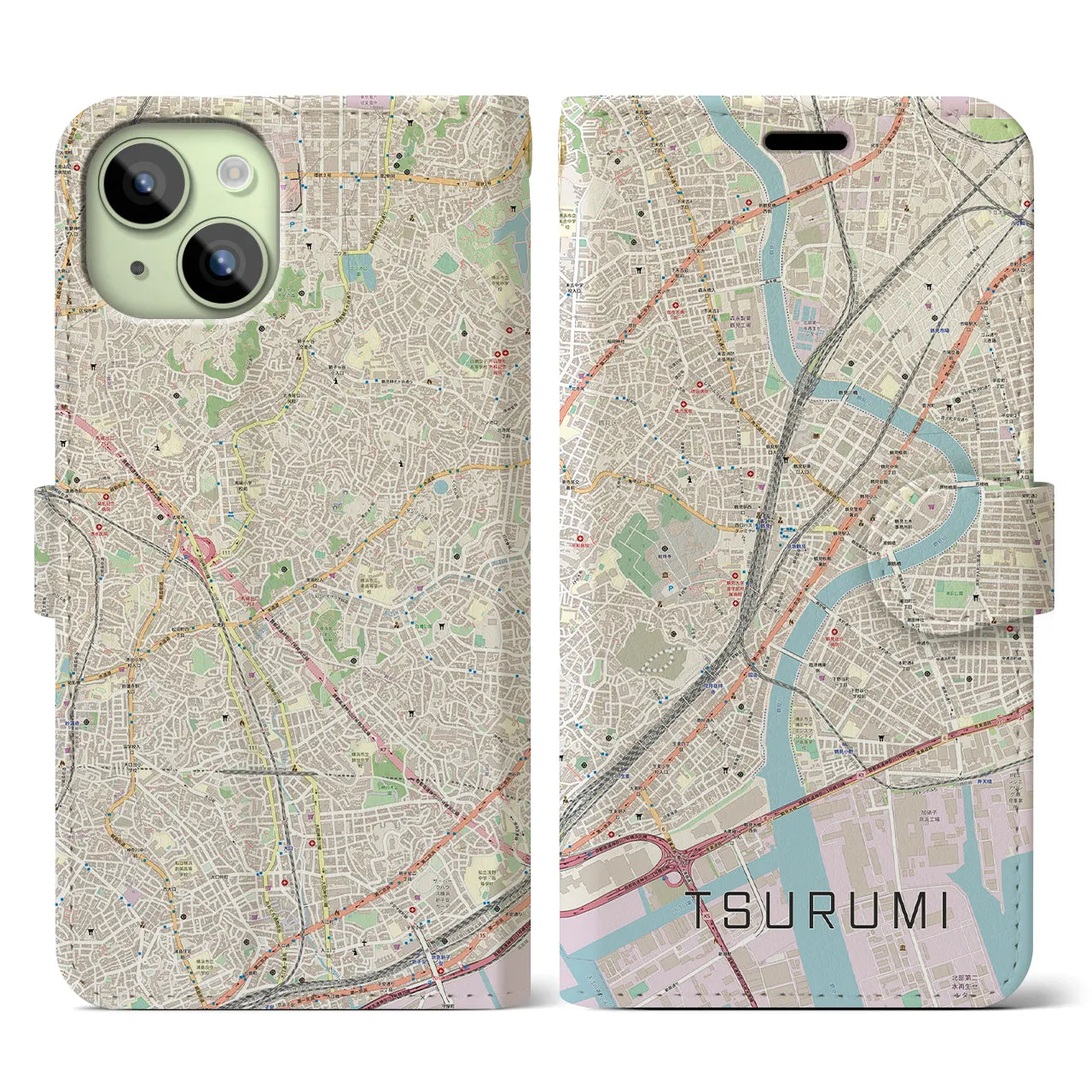 【鶴見(神奈川県)】地図柄iPhoneケース(手帳タイプ)ナチュラル・iPhone 15 用