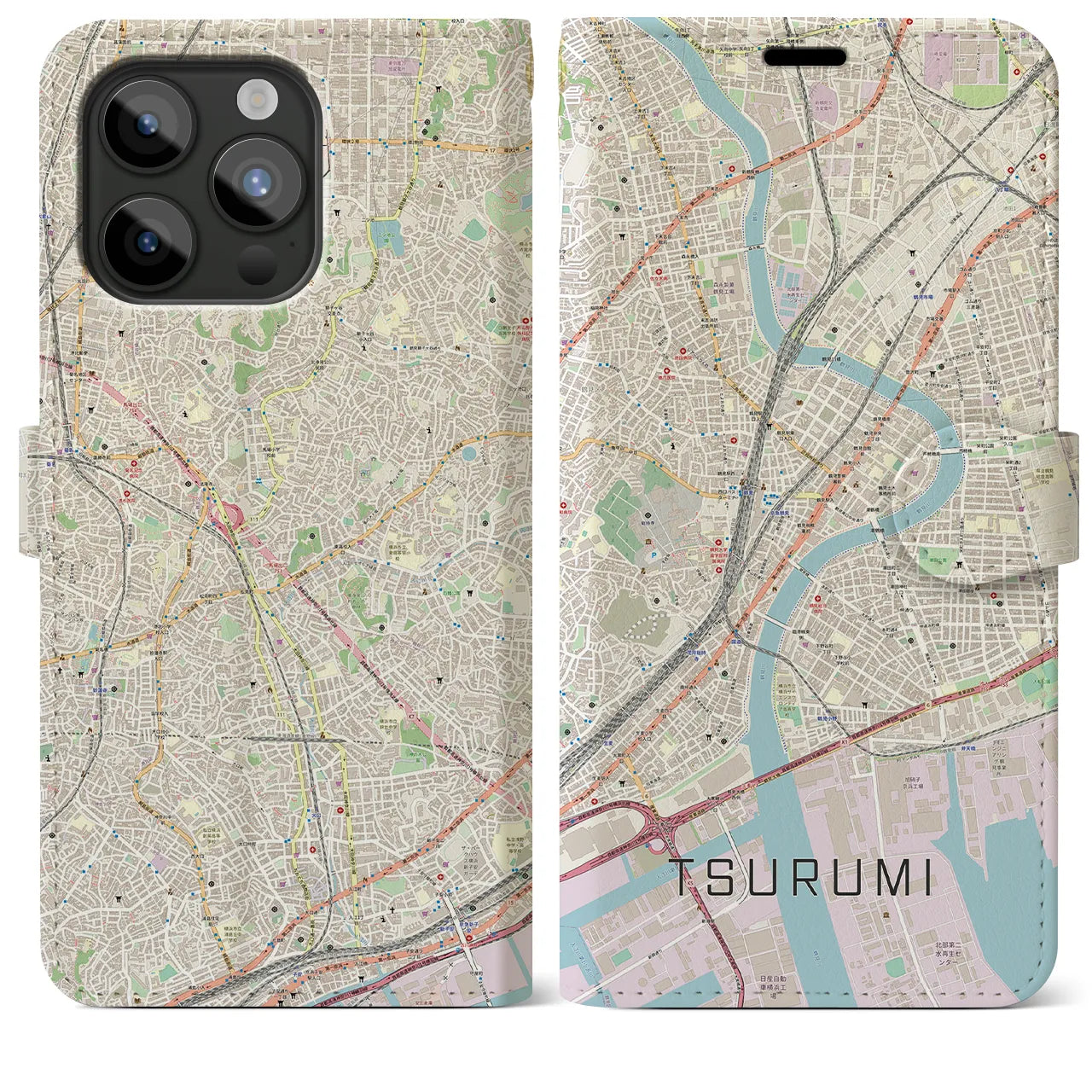 【鶴見(神奈川県)】地図柄iPhoneケース(手帳タイプ)ナチュラル・iPhone 15 Pro Max 用