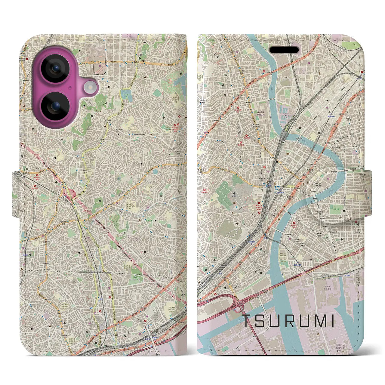 【鶴見(神奈川県)】地図柄iPhoneケース(手帳タイプ)ナチュラル・iPhone 16 Pro 用