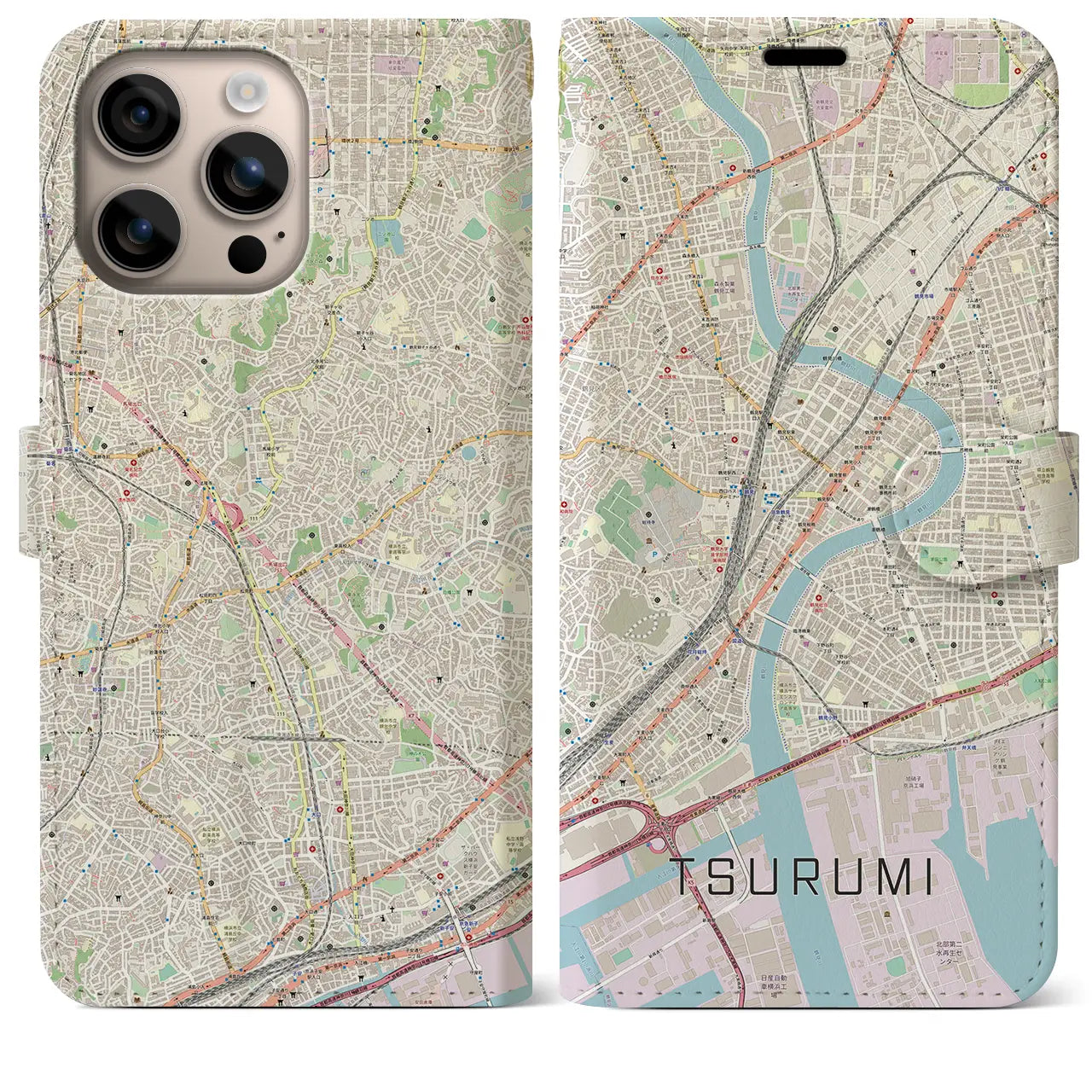 【鶴見(神奈川県)】地図柄iPhoneケース(手帳タイプ)ナチュラル・iPhone 16 Plus 用