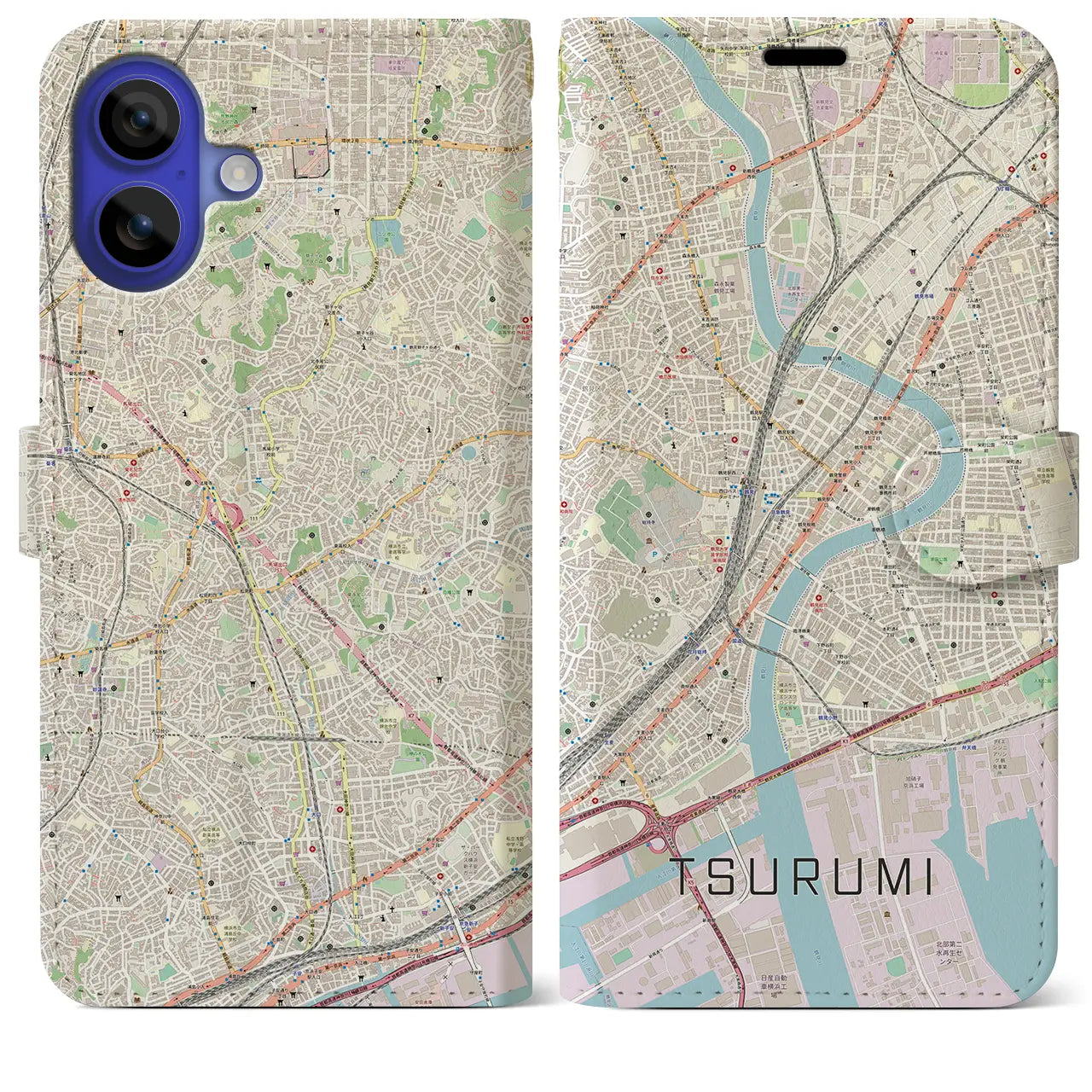 【鶴見(神奈川県)】地図柄iPhoneケース(手帳タイプ)ナチュラル・iPhone 16 Pro Max 用