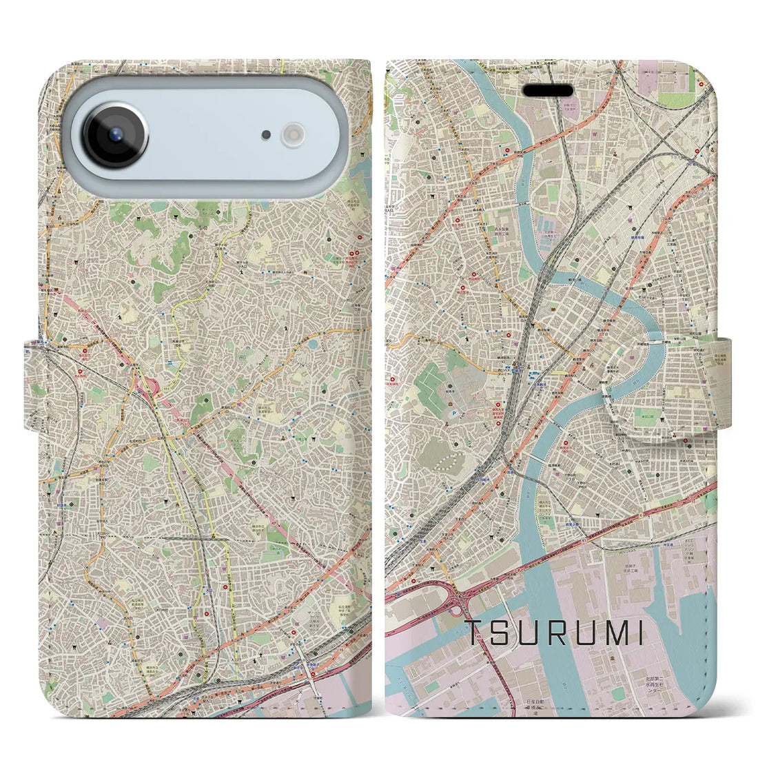 【鶴見(神奈川県)】地図柄iPhoneケース(手帳タイプ)ナチュラル・iPhone 17 Pro Max 用