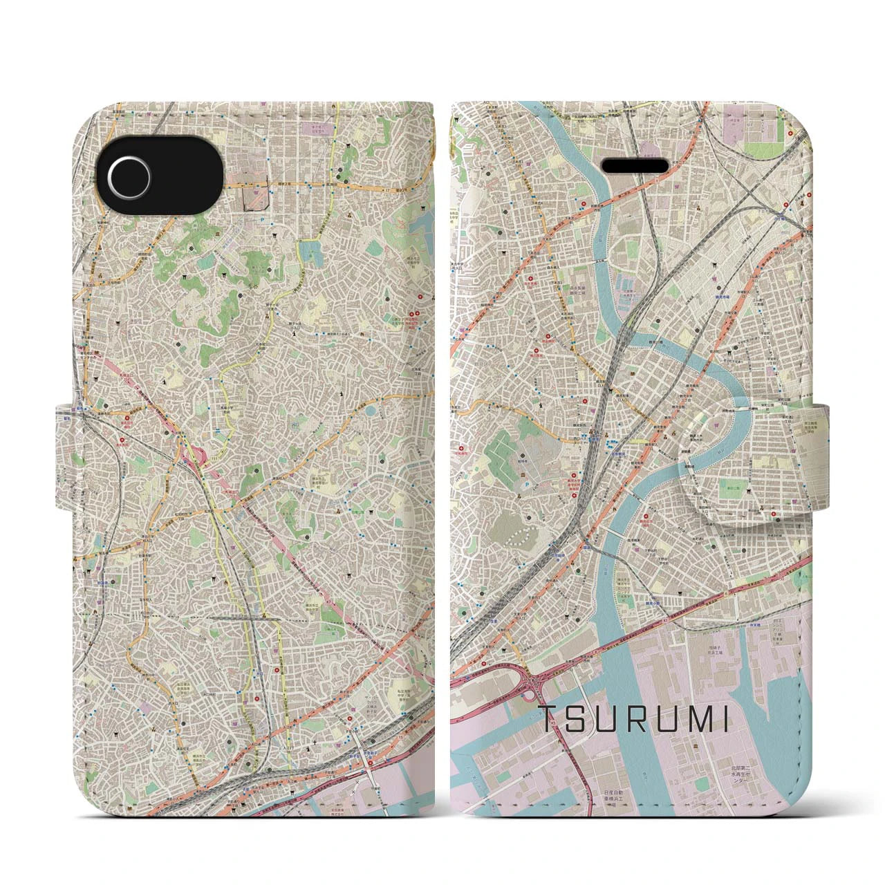 【鶴見(神奈川県)】地図柄iPhoneケース(手帳タイプ)ナチュラル・iPhone SE(第3 / 第2世代) / 8 / 7 / 6s / 6 用