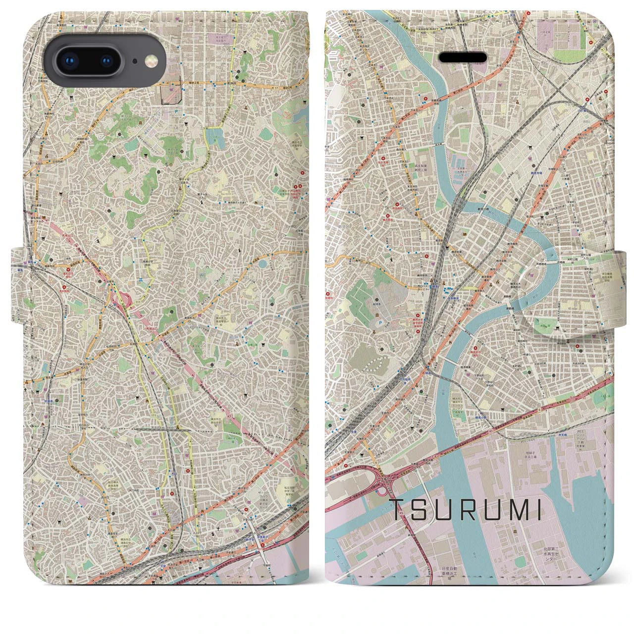 【鶴見(神奈川県)】地図柄iPhoneケース(手帳タイプ)ナチュラル・iPhone 8Plus /7Plus / 6sPlus / 6Plus 用