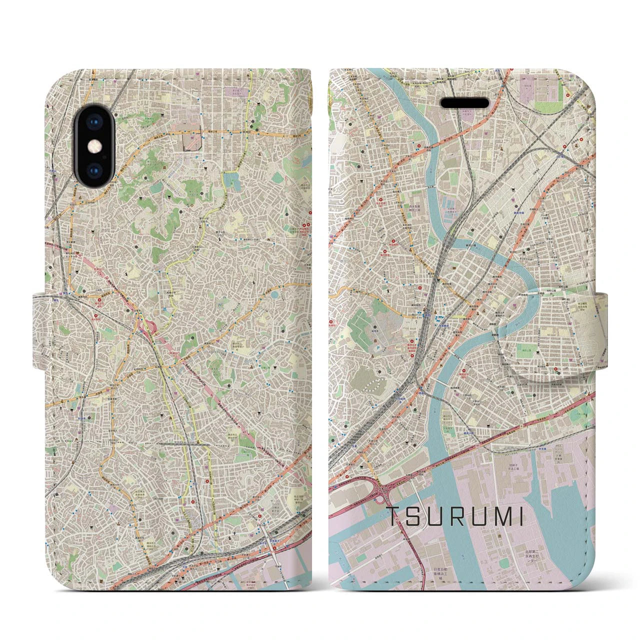 【鶴見(神奈川県)】地図柄iPhoneケース(手帳タイプ)ナチュラル・iPhone XS / X 用