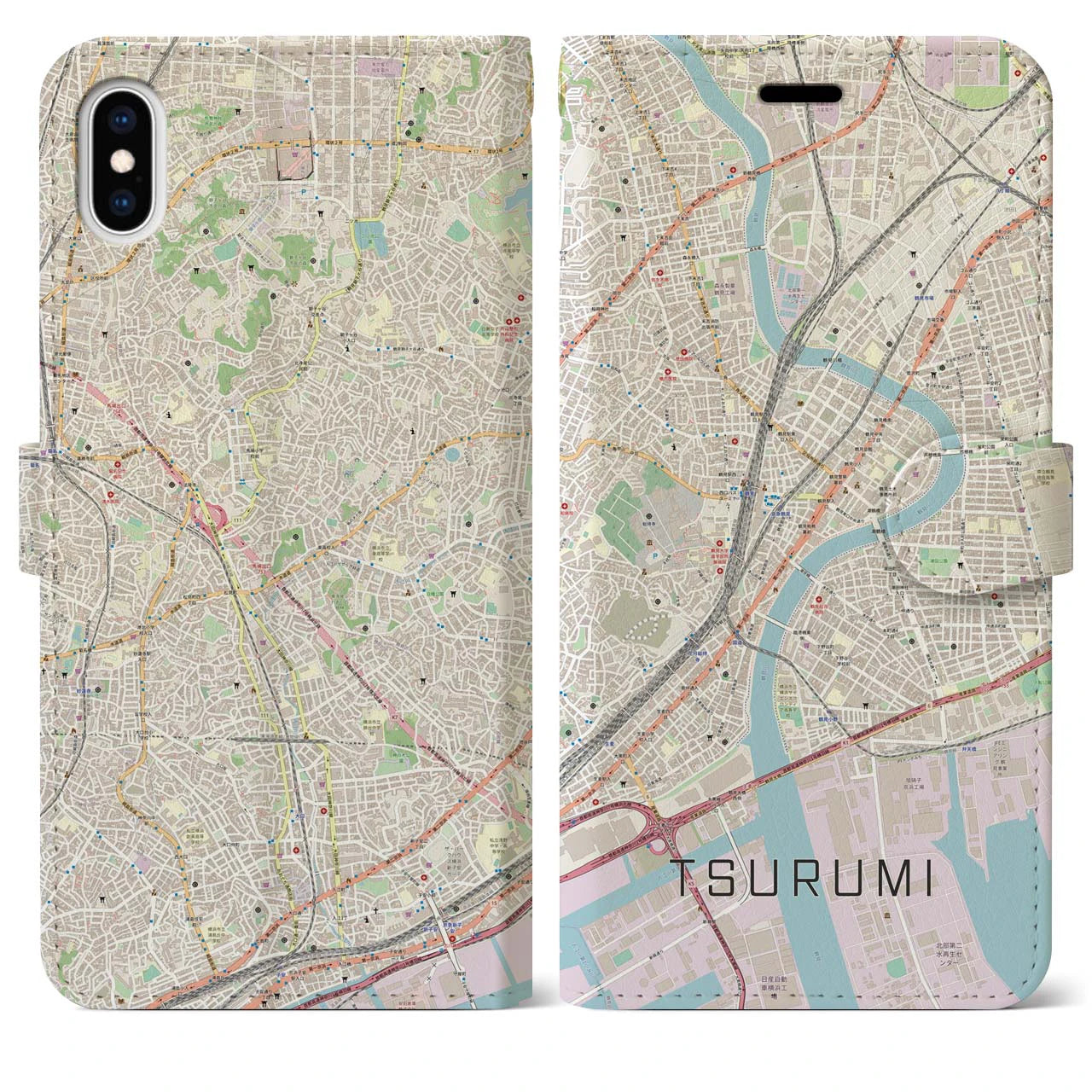 【鶴見(神奈川県)】地図柄iPhoneケース(手帳タイプ)ナチュラル・iPhone XS Max 用