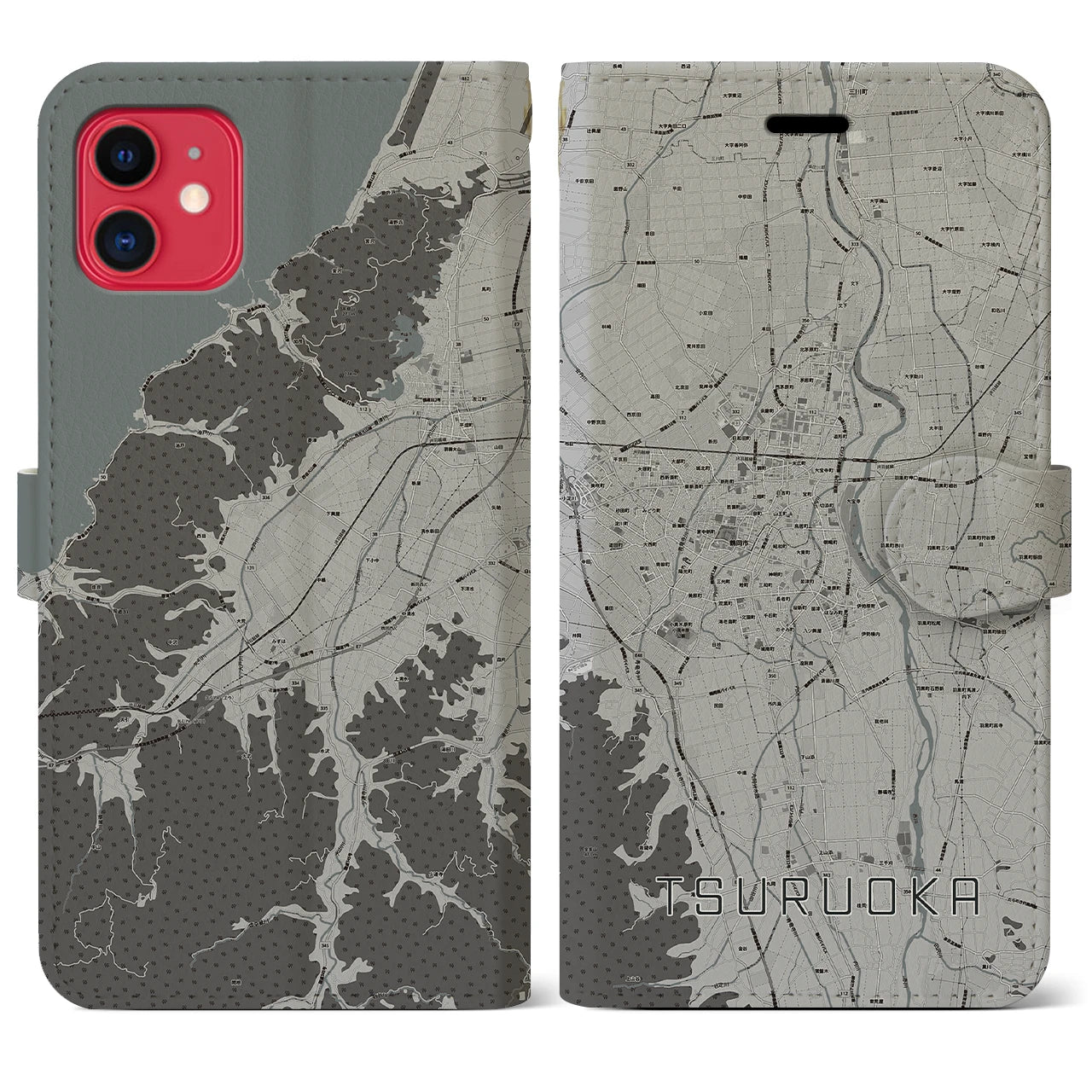 【鶴岡(山形県)】地図柄iPhoneケース(手帳タイプ)モノトーン・iPhone 11 用