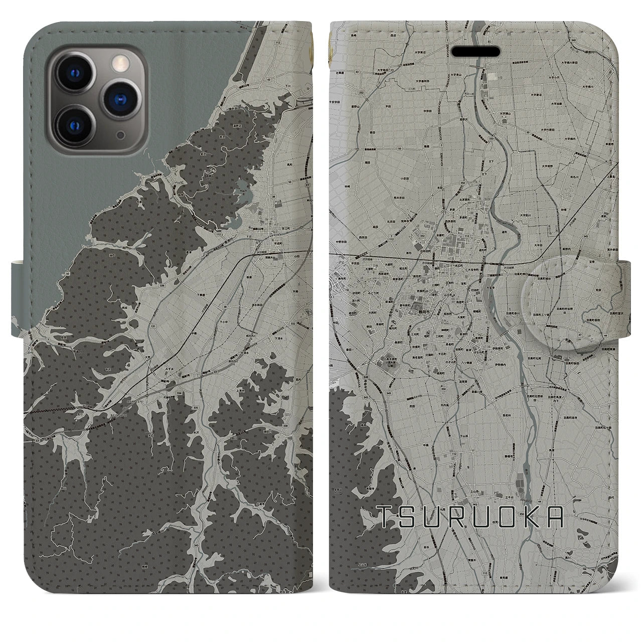 【鶴岡(山形県)】地図柄iPhoneケース(手帳タイプ)モノトーン・iPhone 11 Pro Max 用