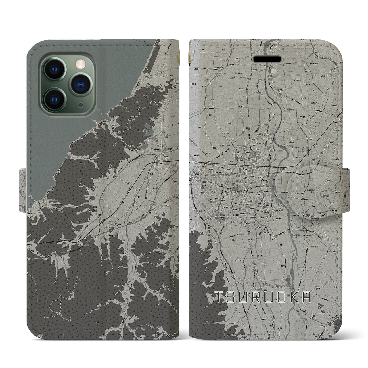 【鶴岡(山形県)】地図柄iPhoneケース(手帳タイプ)モノトーン・iPhone 11 Pro 用