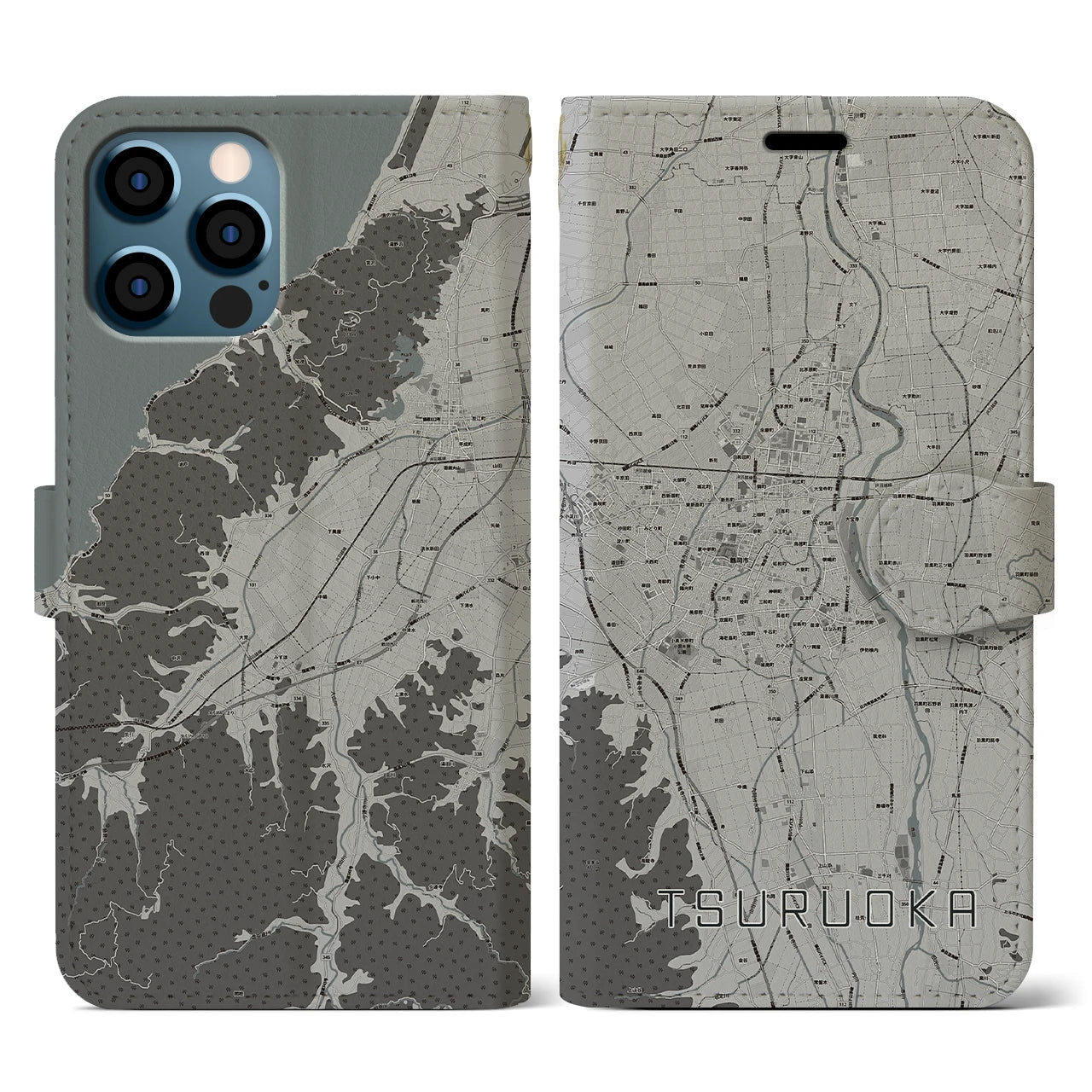 【鶴岡(山形県)】地図柄iPhoneケース(手帳タイプ)モノトーン・iPhone 12 / 12 Pro 用