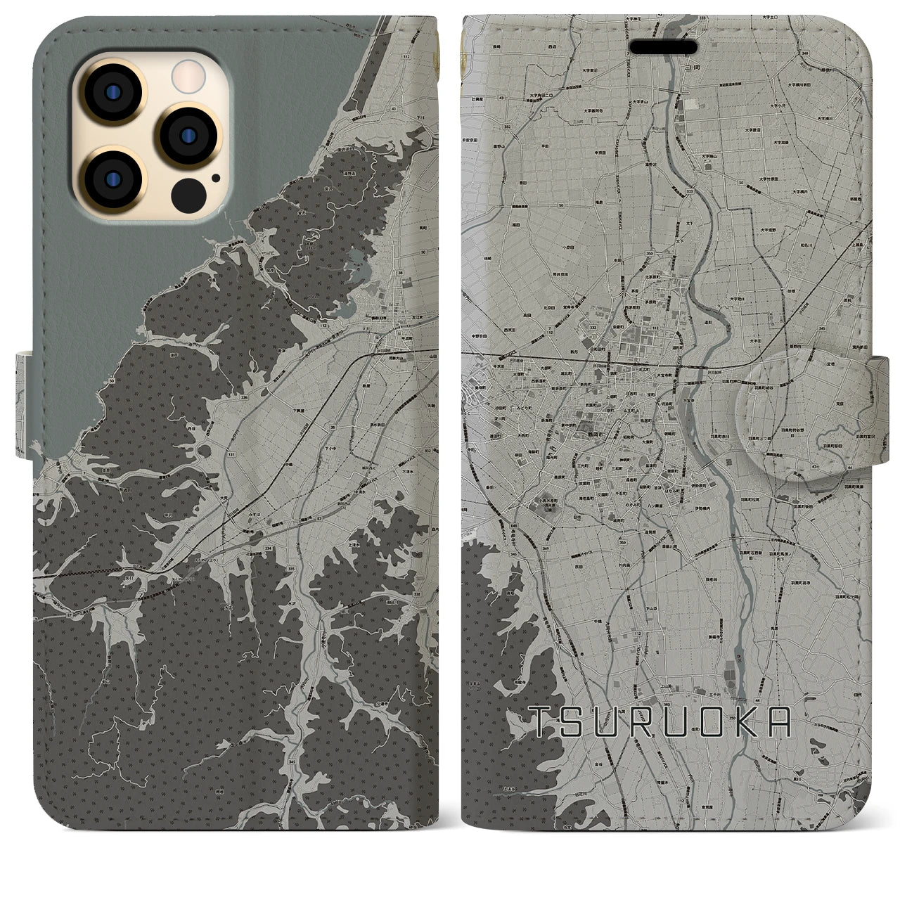【鶴岡(山形県)】地図柄iPhoneケース(手帳タイプ)モノトーン・iPhone 12 Pro Max 用